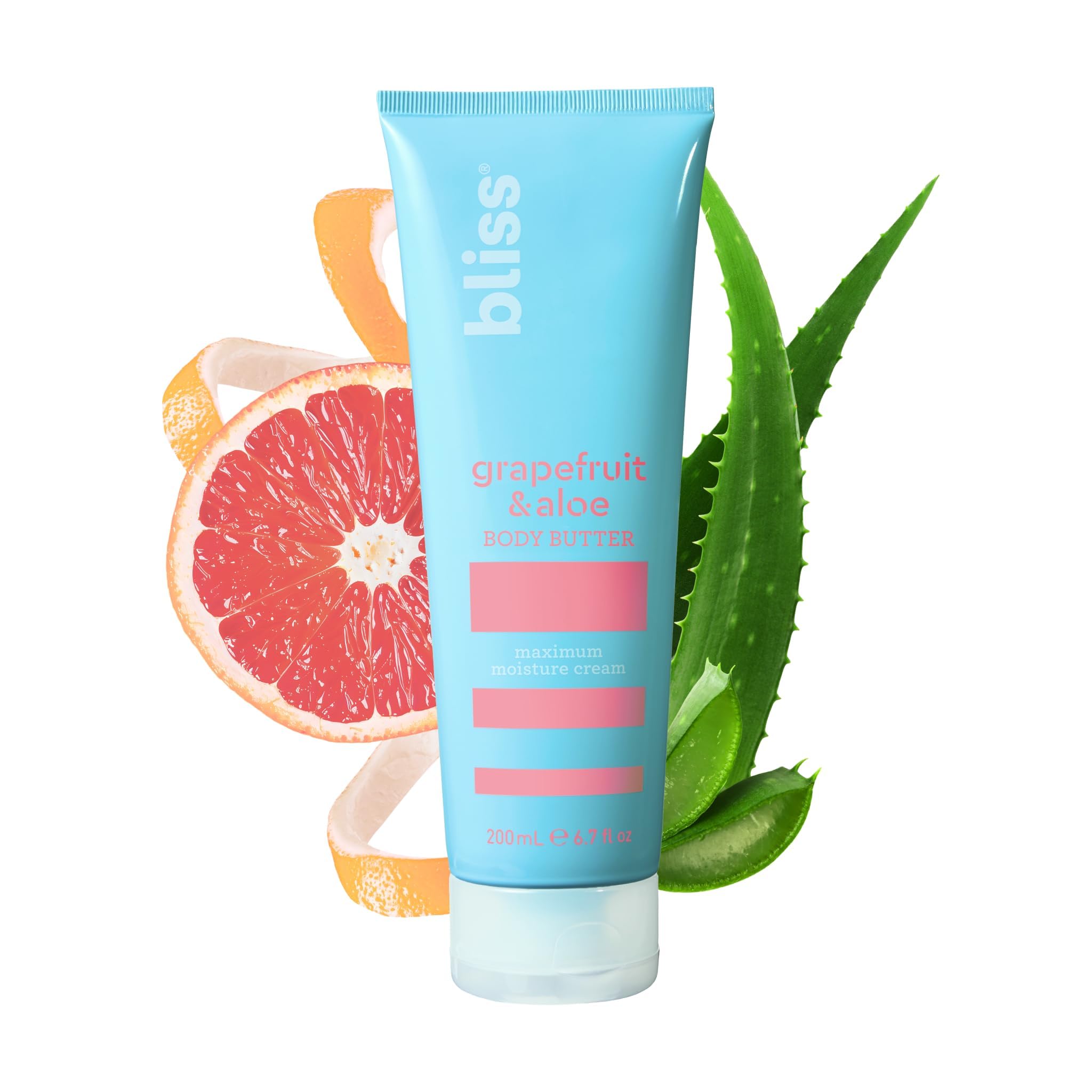 Bliss Body Butter grapefruit-aloe bottle demonstrates long-lasting moisture for dry skin.