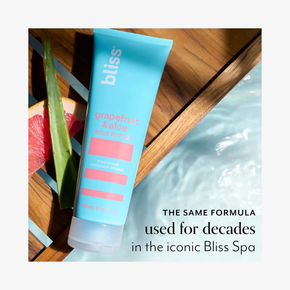 Bliss Body Butter grapefruit-aloe lifestyle-shot suggests everyday pampering ritual.