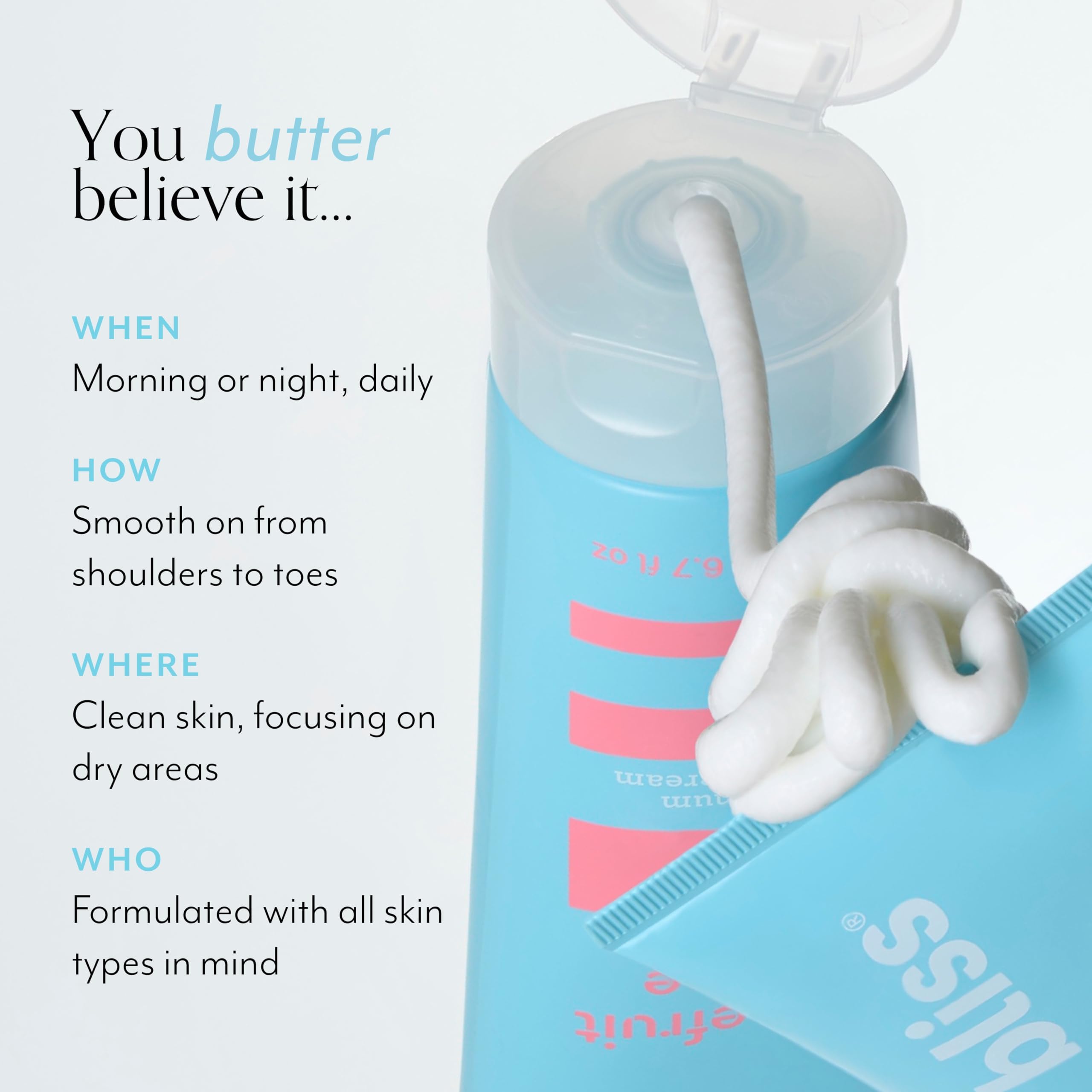 Bliss Body Butter grapefruit-aloe packaging communicates vegan and cruelty-free formula.