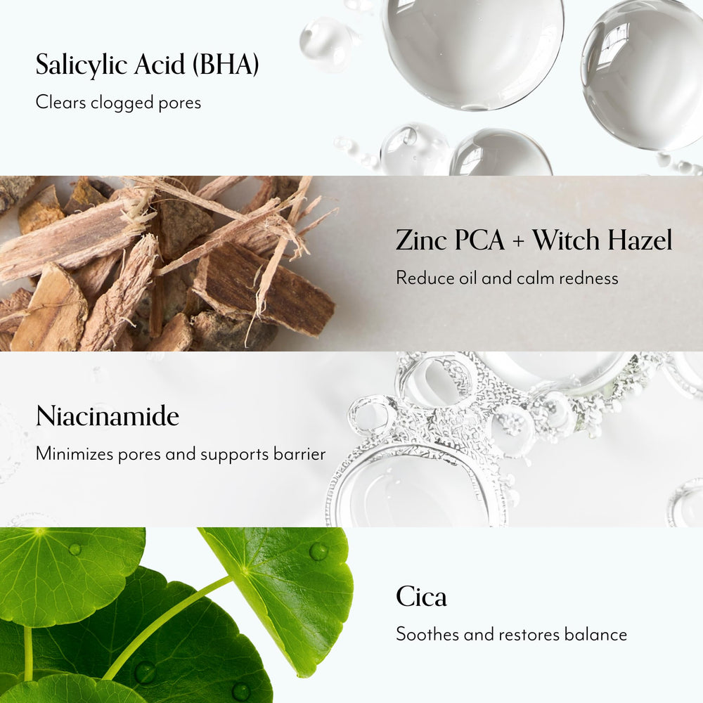 Bliss clarifying gel ingredients salicylic acid close-up signals pore-clearing action.