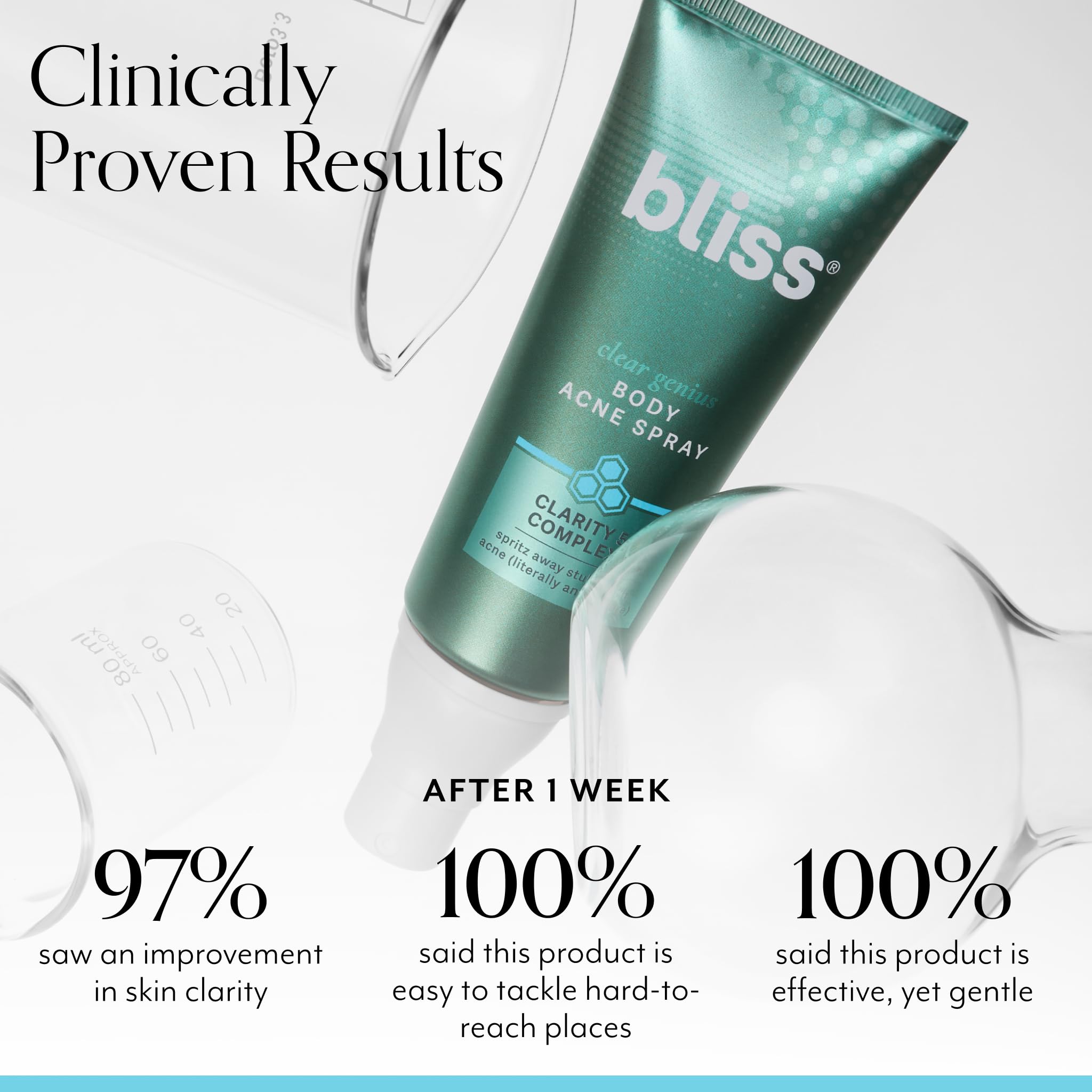 Bliss Clear Genius 360-degree mist for easy target application on back and chest
