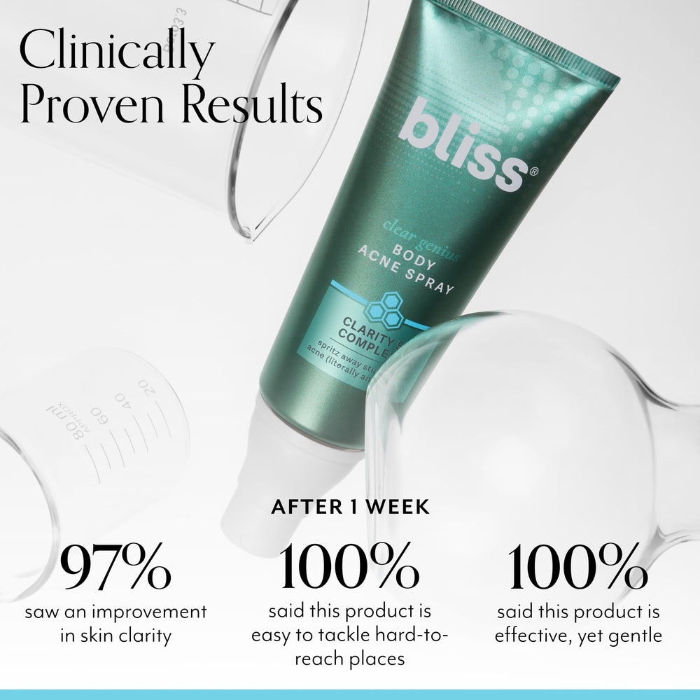 Bliss Clear Genius 360-degree mist for easy target application on back and chest