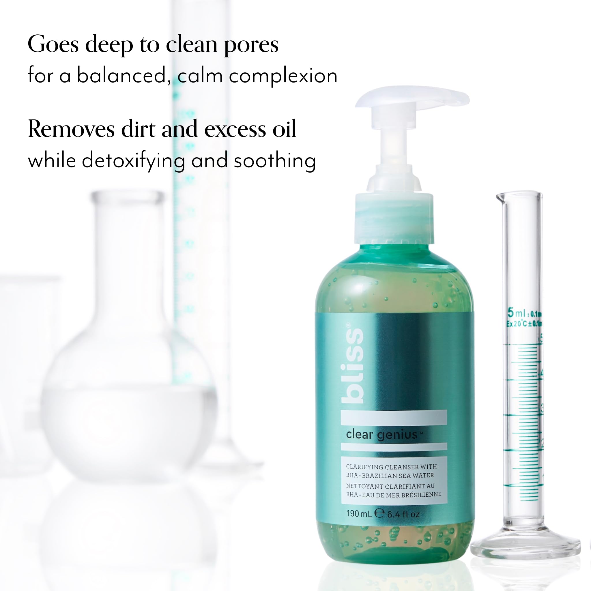 Bliss Clear Genius cleanser pump dispenses easy application for gentle cleansing