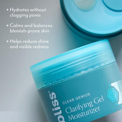 Bliss Clear Genius label close-up highlights CLARITY 5 Complex for pore-friendly results.