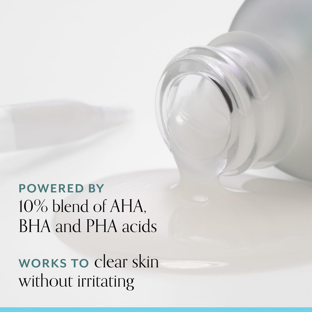 Close-up of Bliss Clear Genius overnight liquid peel bottle showing fragrance-free formula