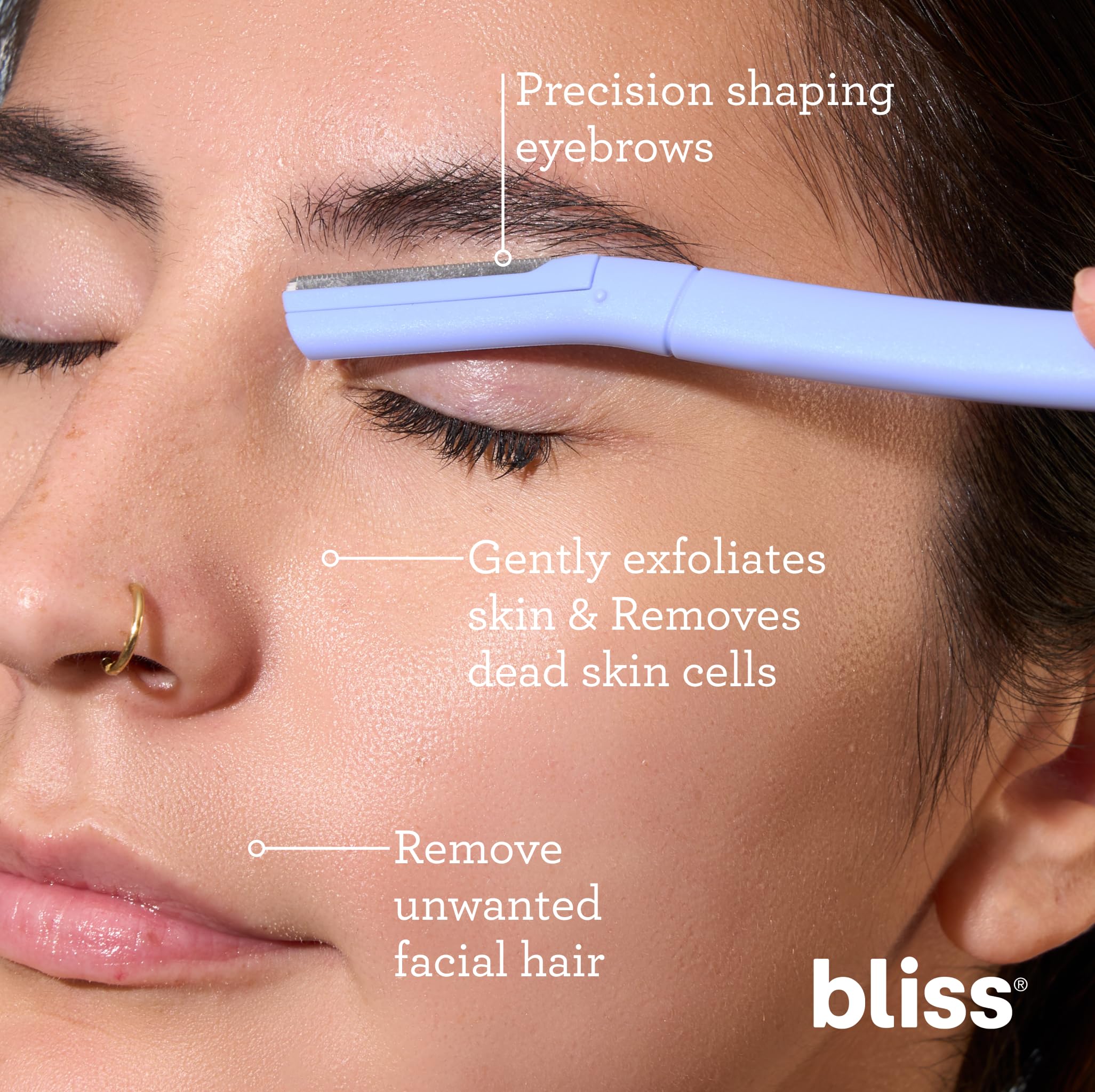Bliss dermaplaner close-up with stainless steel blades demonstrating precise, safe peach fuzz removal.