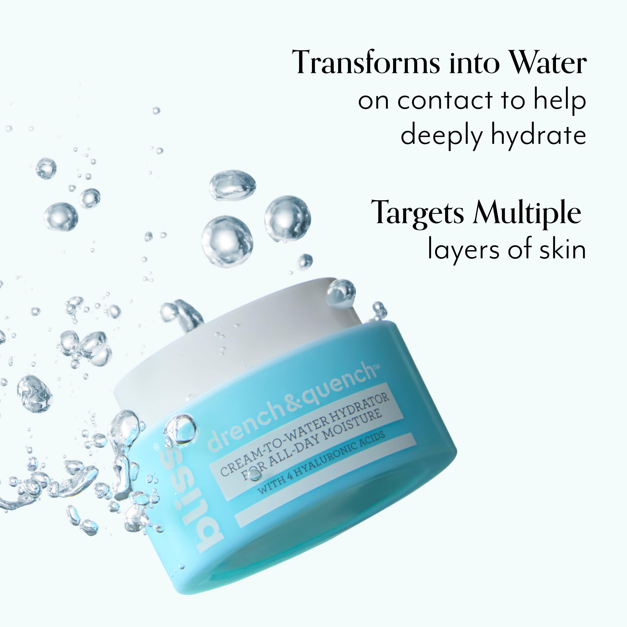 Bliss Drench & Quench texture close-up shows instant absorption for makeup prep.