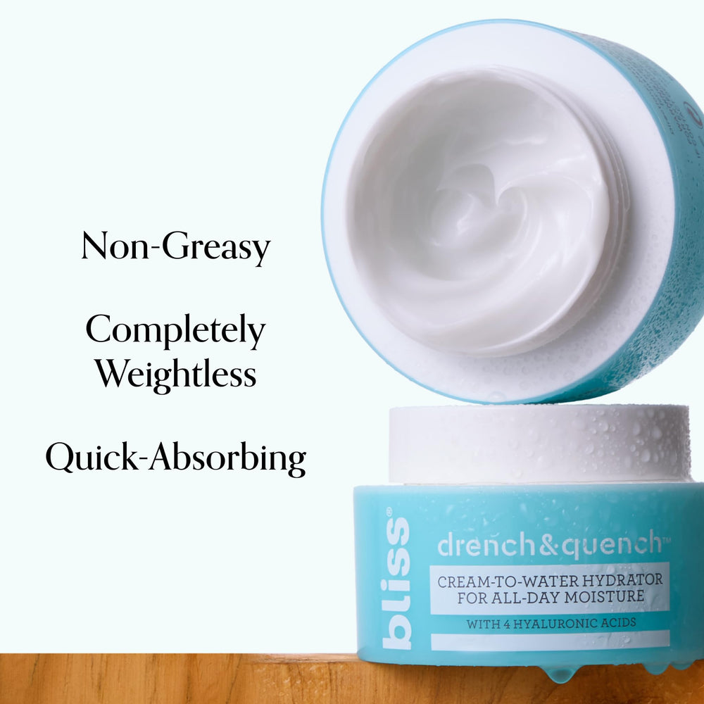 Bliss Drench & Quench skin absorption image emphasizes non-greasy hydration.