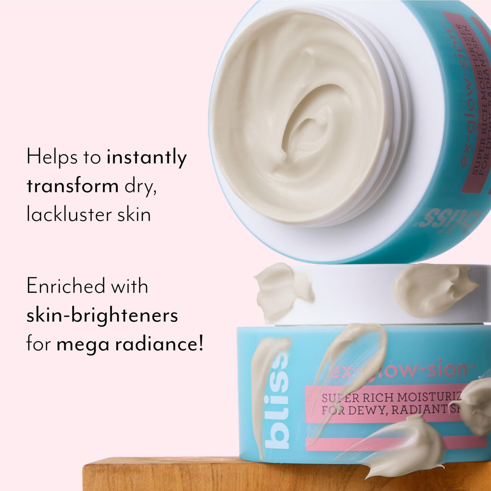 Bliss Ex-glow-sion front jar with clean vegan branding and luxe texture