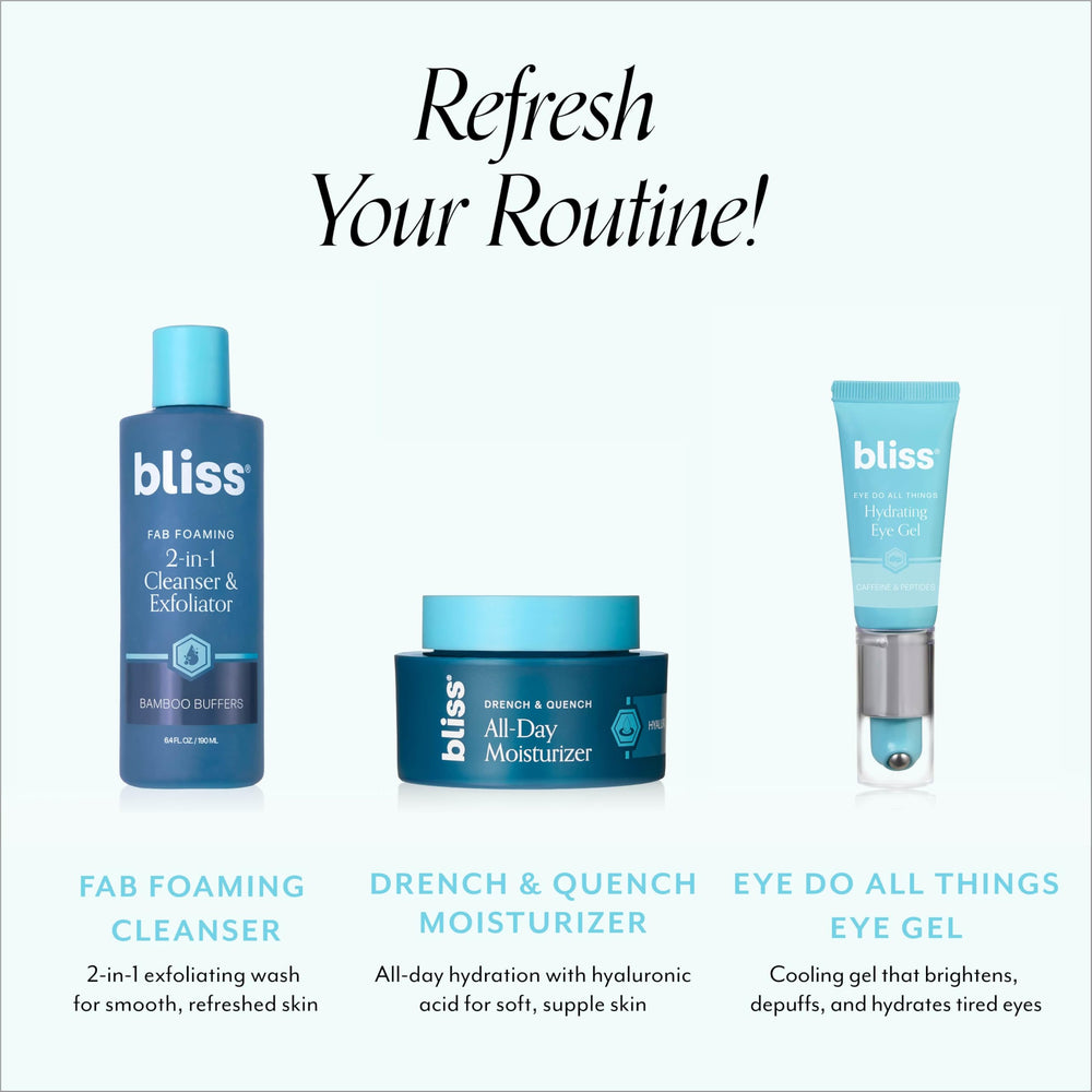 Bliss Eye Do All Things Hydrating Eye Gel 0.7 fl oz bottle on vanity for daily use.