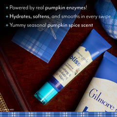 Bliss Gilmore Girls pumpkin powerhouse overnight lip mask in action across nightstand.