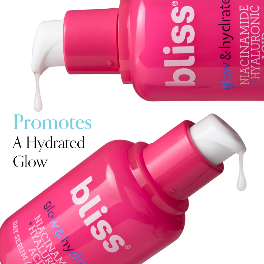 Bliss Glow & Hydrate Serum daytime-routine shot promotes fresh mornings.