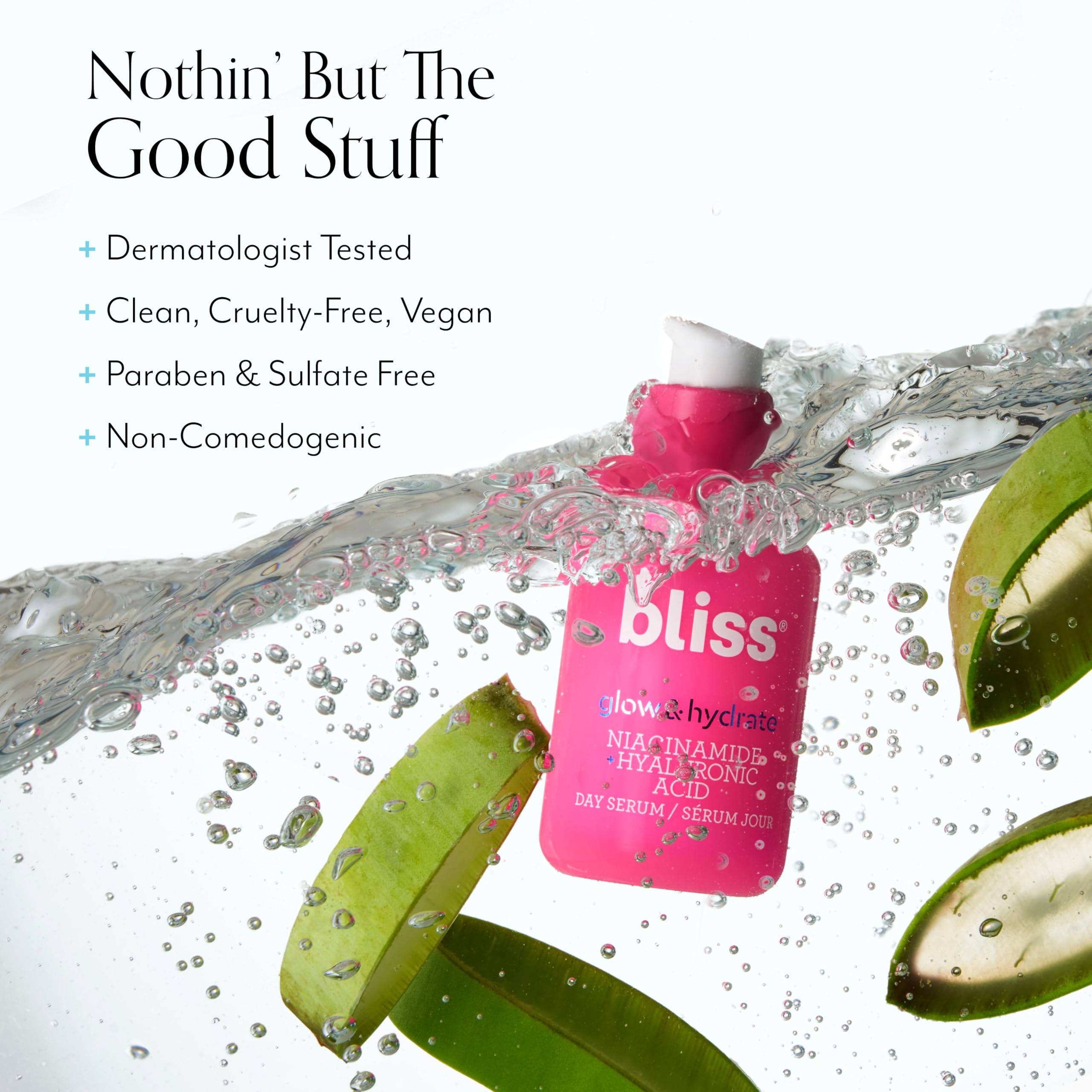 Bliss Glow & Hydrate Serum eco-packaging conveys clean, vegan skincare values.