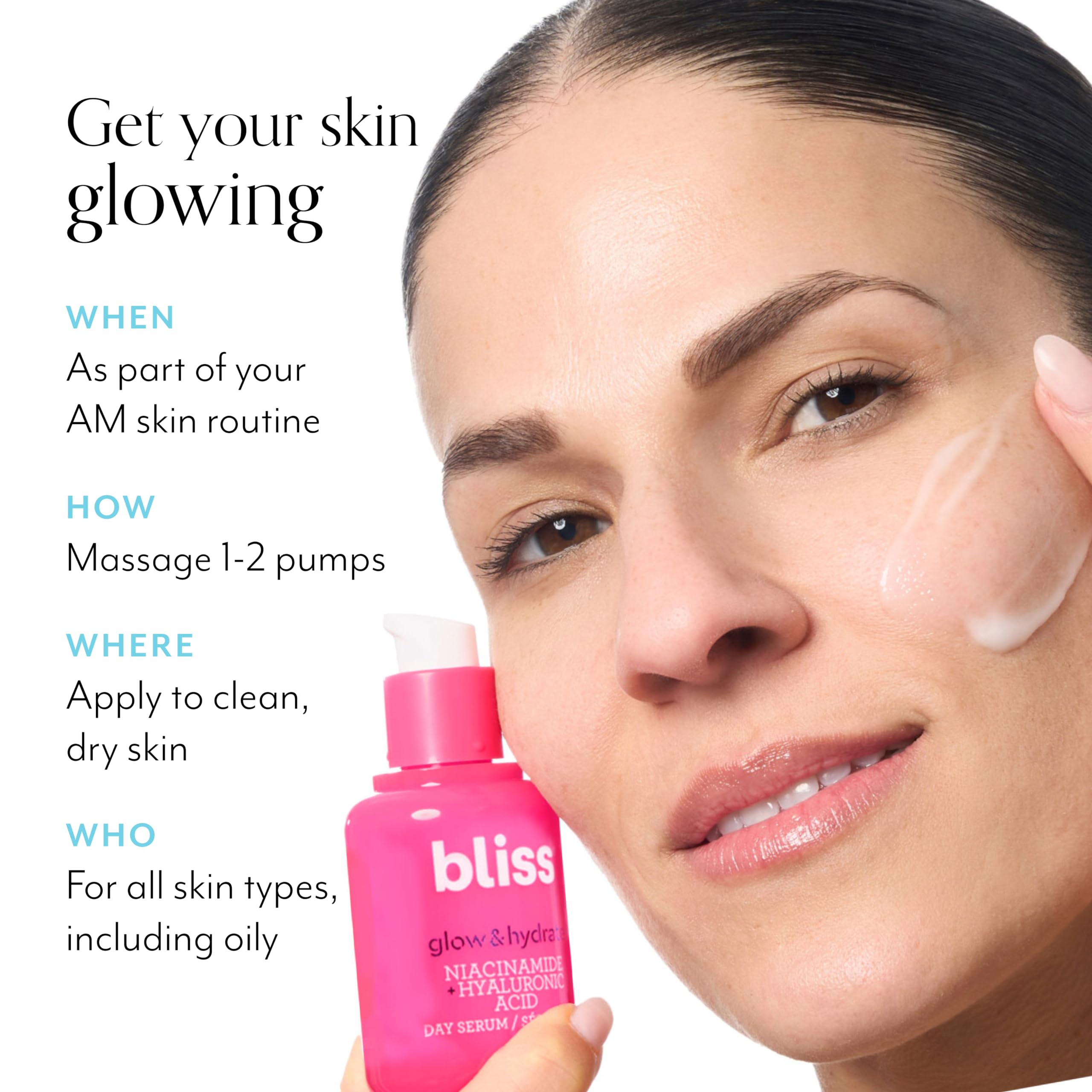 Bliss Glow & Hydrate Serum hyaluronic-acid beads illustrate deep hydration.