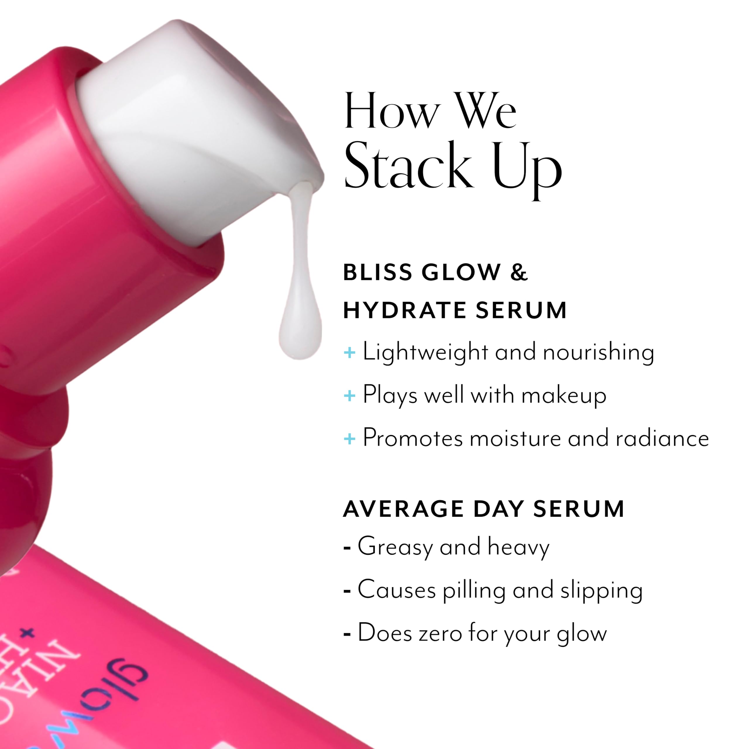 Bliss Glow & Hydrate Serum niacinamide focus hints at even-toned radiance.