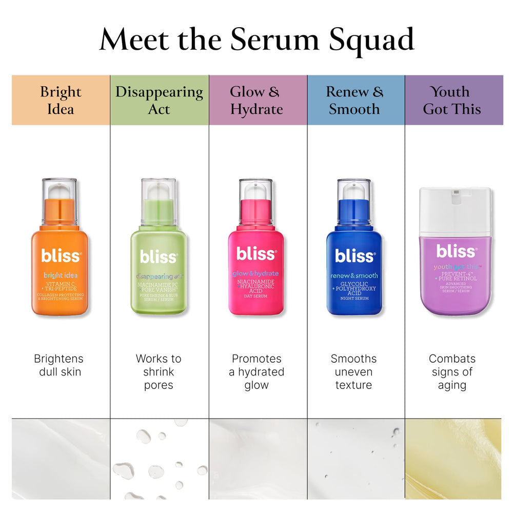 Bliss Glow & Hydrate Serum vitamin-e element signals antioxidant protection.