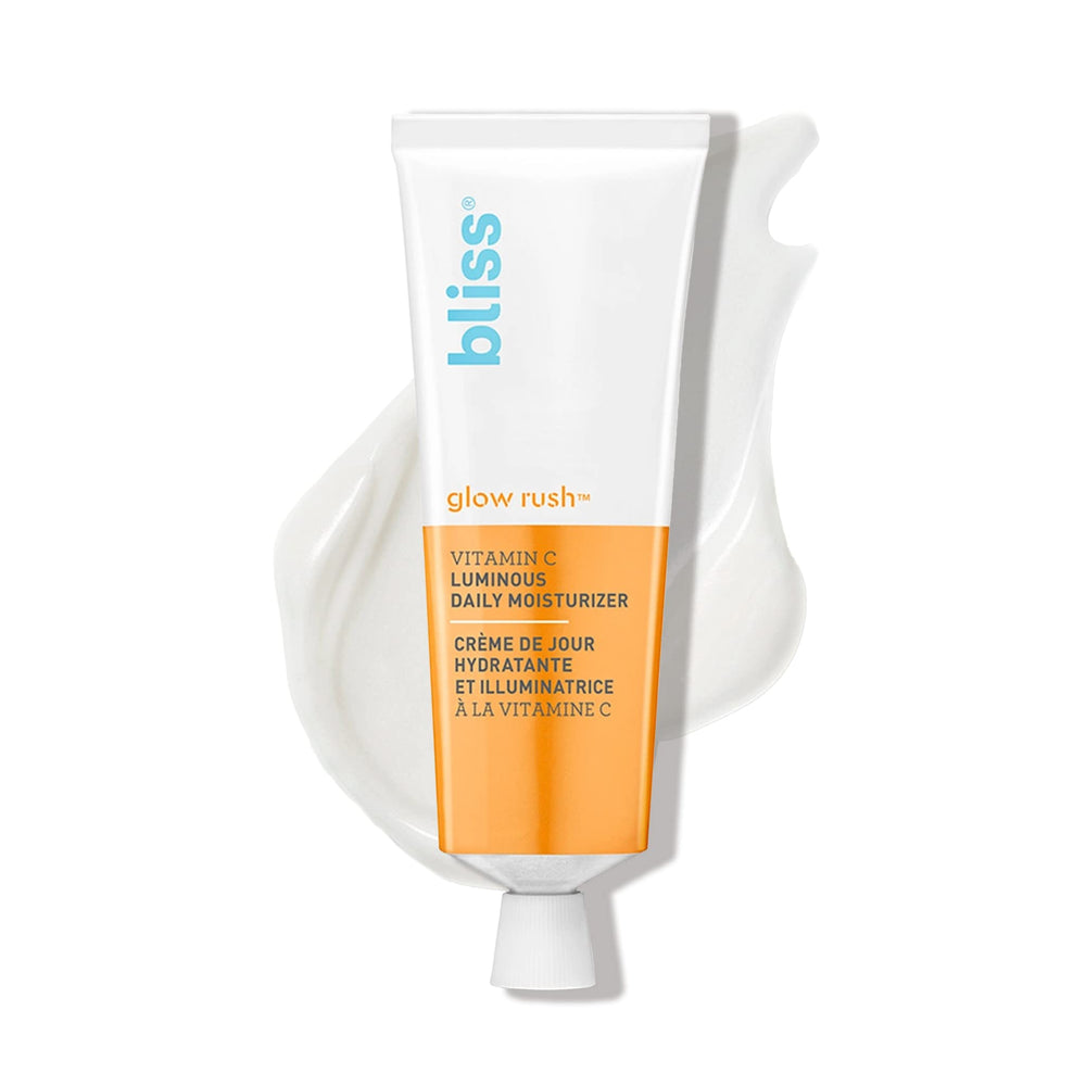 Bliss Glow Rush bottle close-up highlighting brightening vitamin C and hydration.