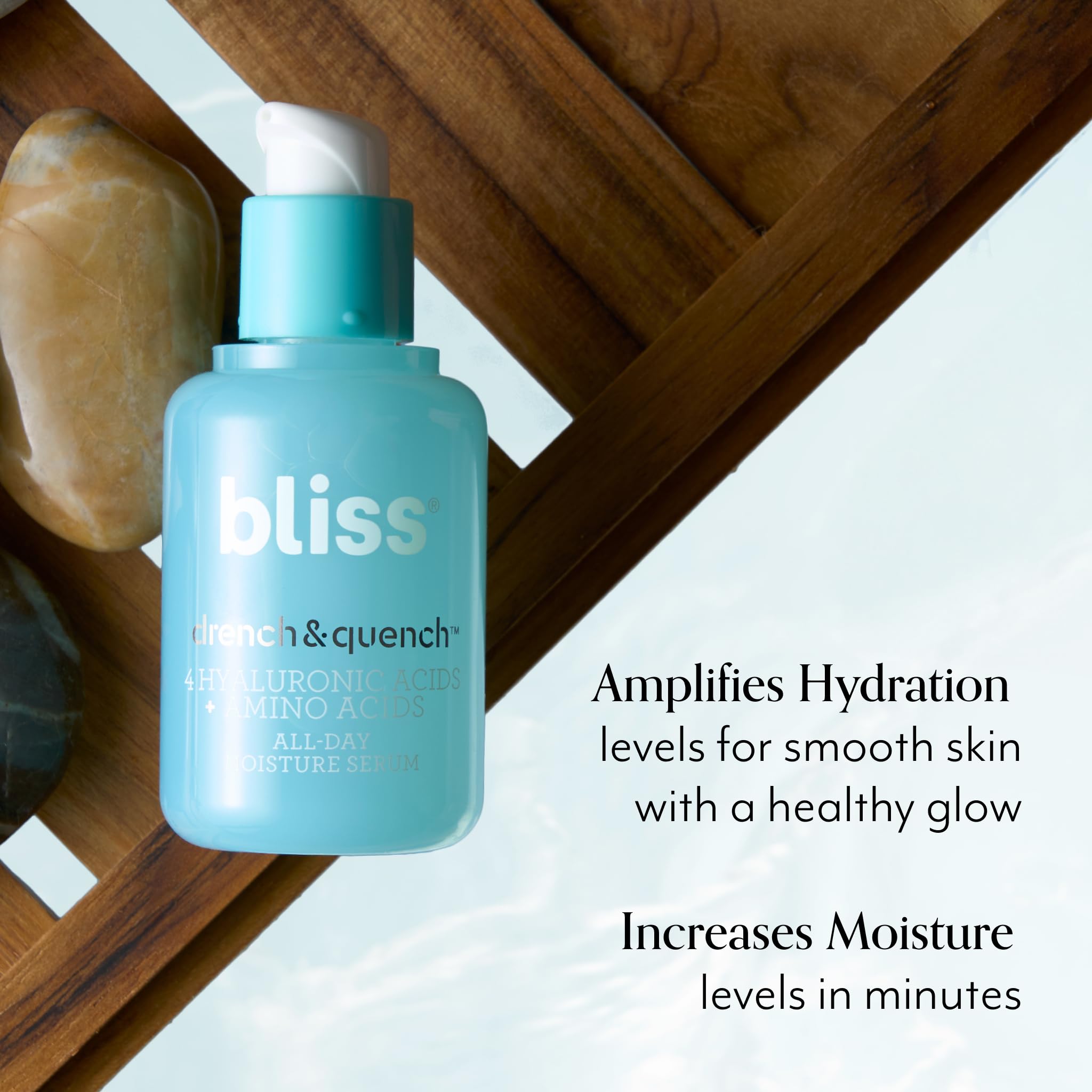 Bliss Hyaluronic Acid Drench & Quench serum gel texture demonstrates lightweight hydration.