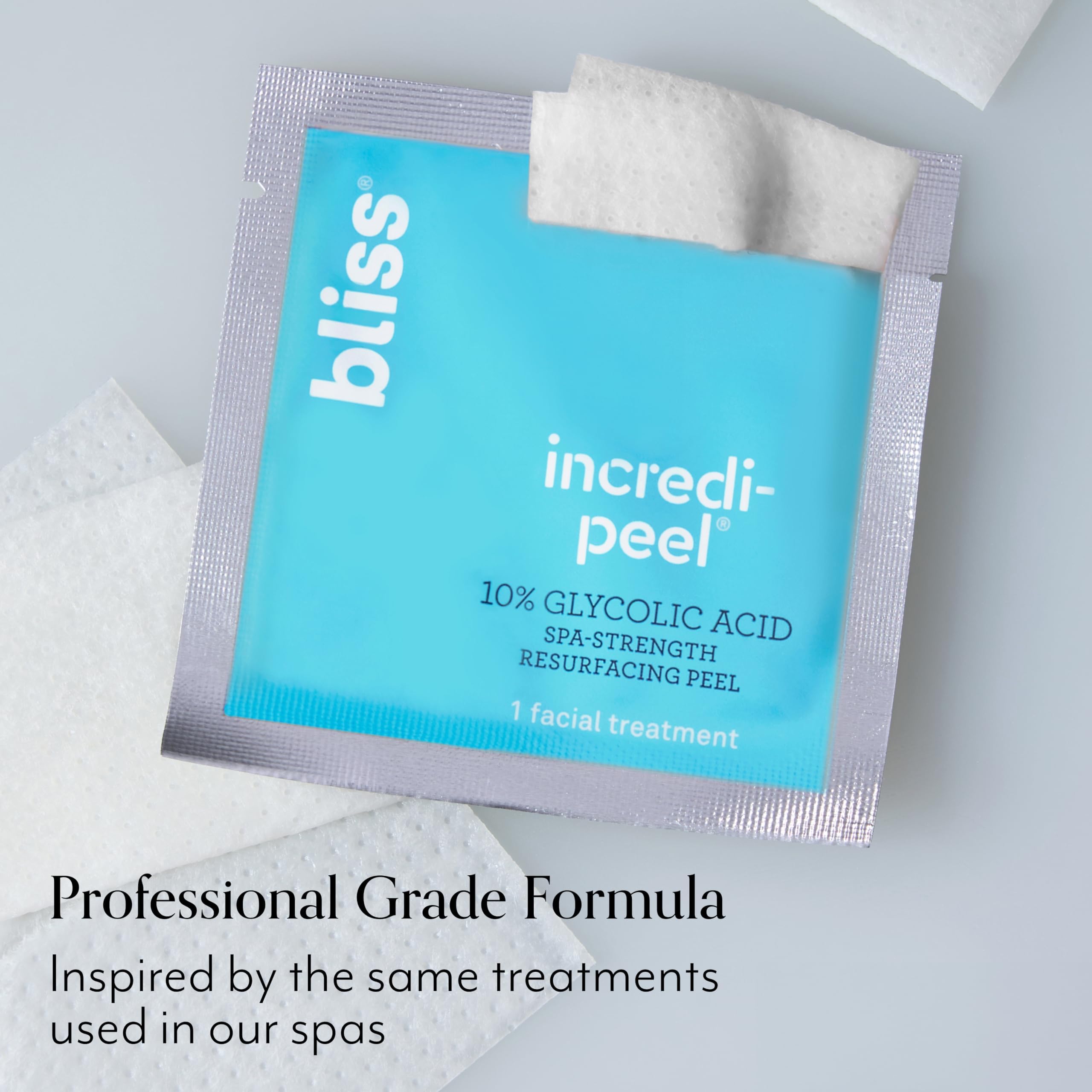 Bliss Incredi-Peel before-after concept suggesting brighter tone.