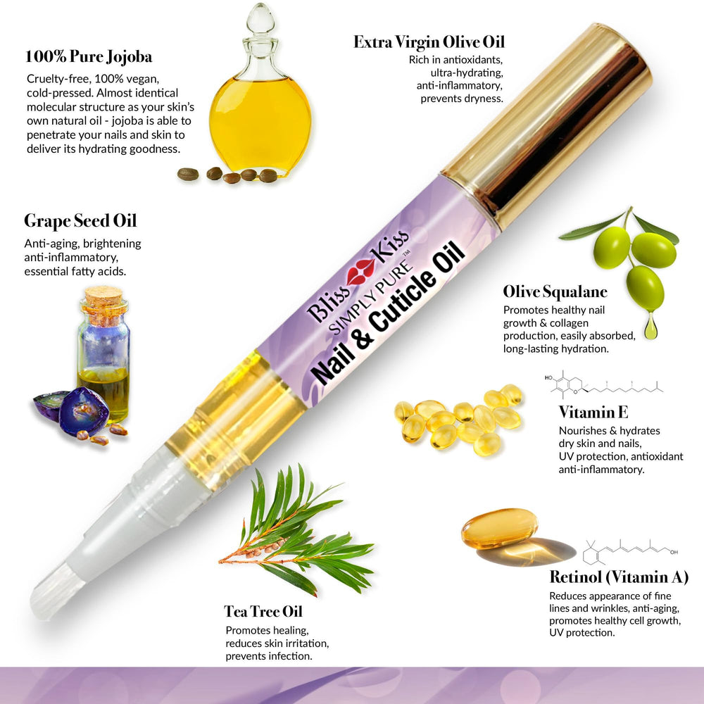Bliss Kiss Simply Pure cuticle oil pen on-the-go use for flexible, healthy-looking nails.