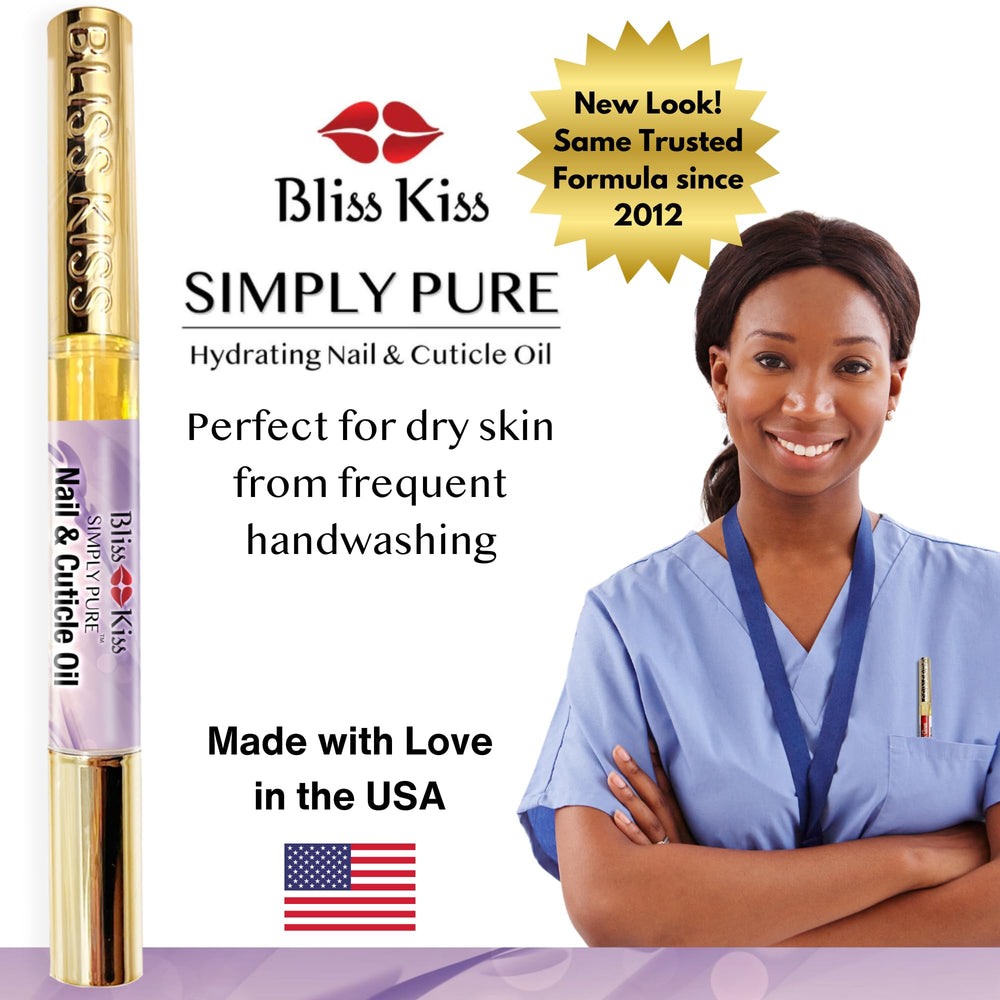 Bliss Kiss cuticle oil pen travel-friendly design on desk ready.