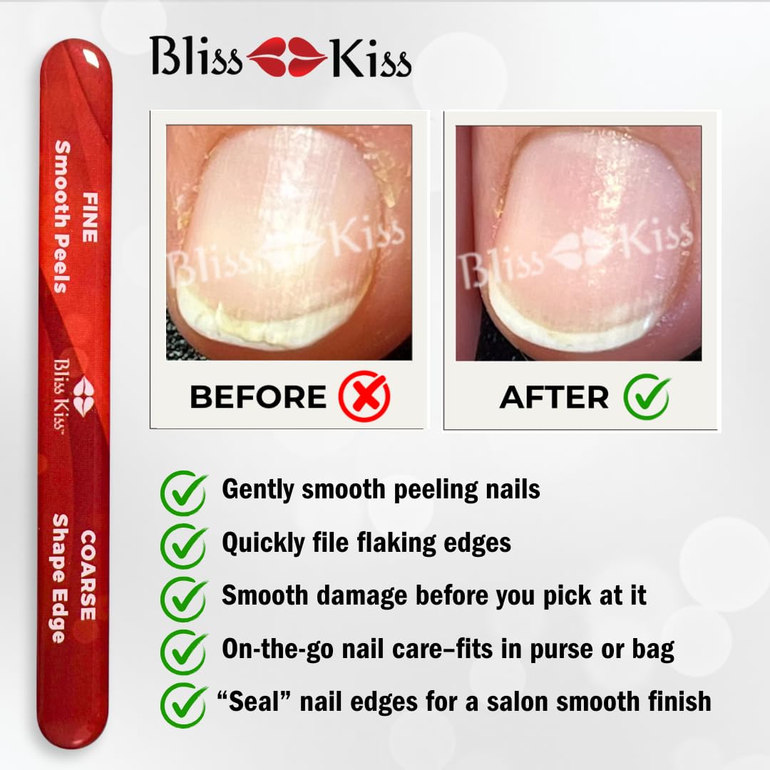 Bliss Kiss Dual Nano Nail File shows dual filing surfaces for precise shaping.
