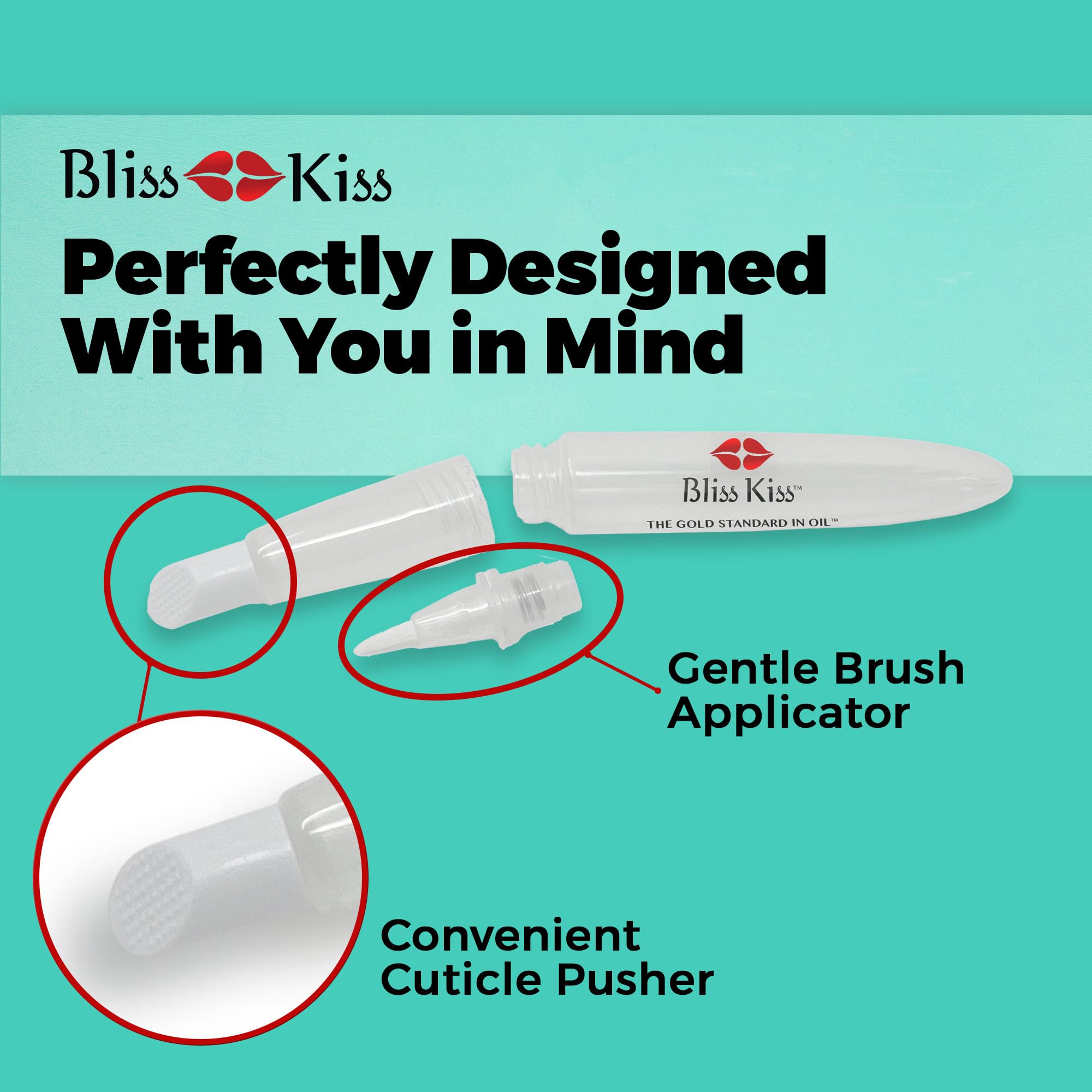 Bliss Kiss gentle brush applicator for precise cuticle hydration.