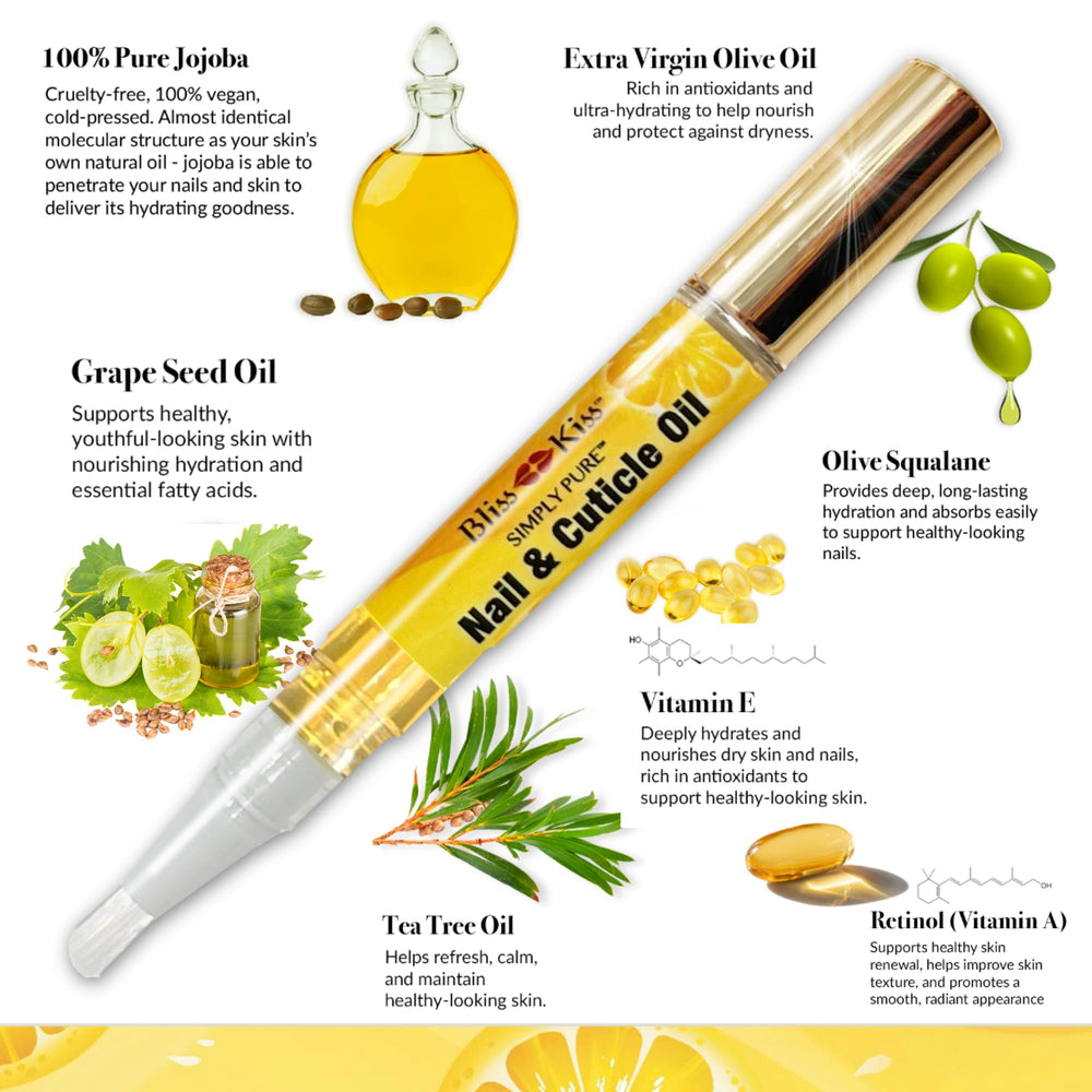 Bliss Kiss Jojoba Vitamin E Nourishment emphasizes conditioning benefits for nails.