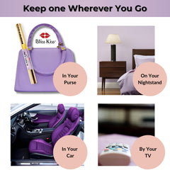 Bliss Kiss lavender vanilla oil pen tube detail highlighting compact travel-ready design.