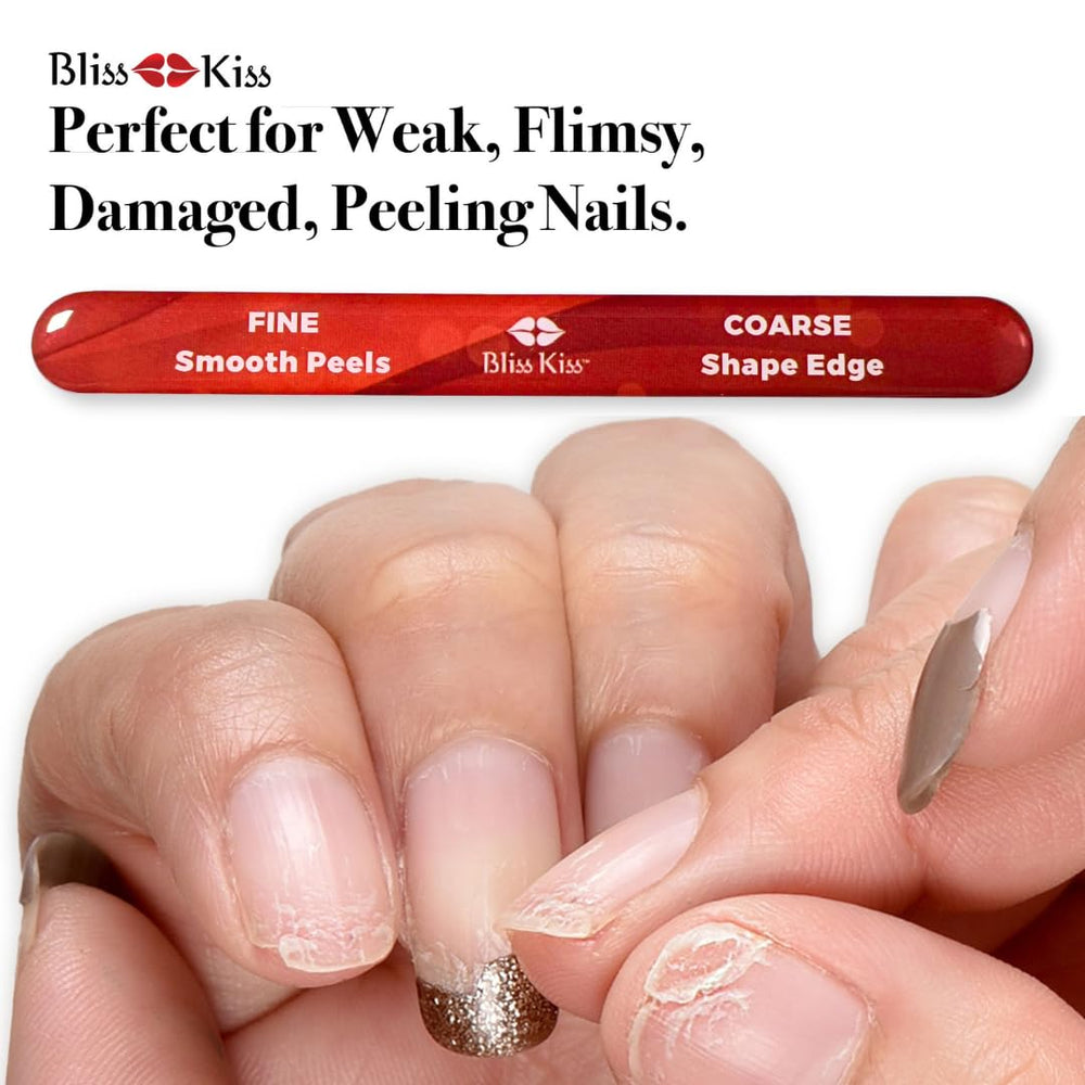 Bliss Kiss Nano Glass Nail File Closeup Smoothing demonstrates gentle edge smoothing peeling layers.