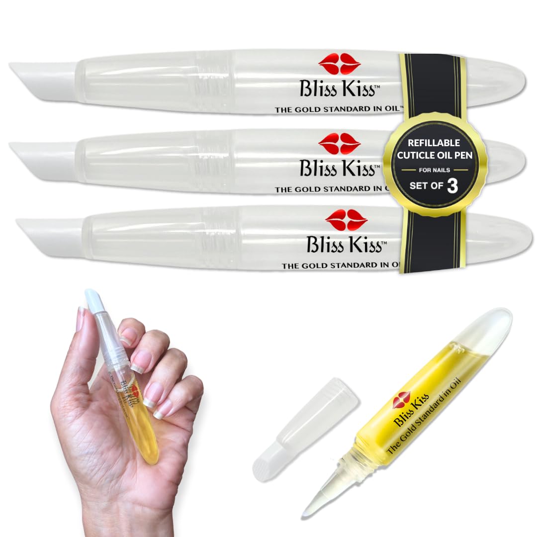 Bliss Kiss refillable cuticle oil pen empty pack front for mess-free hydration.