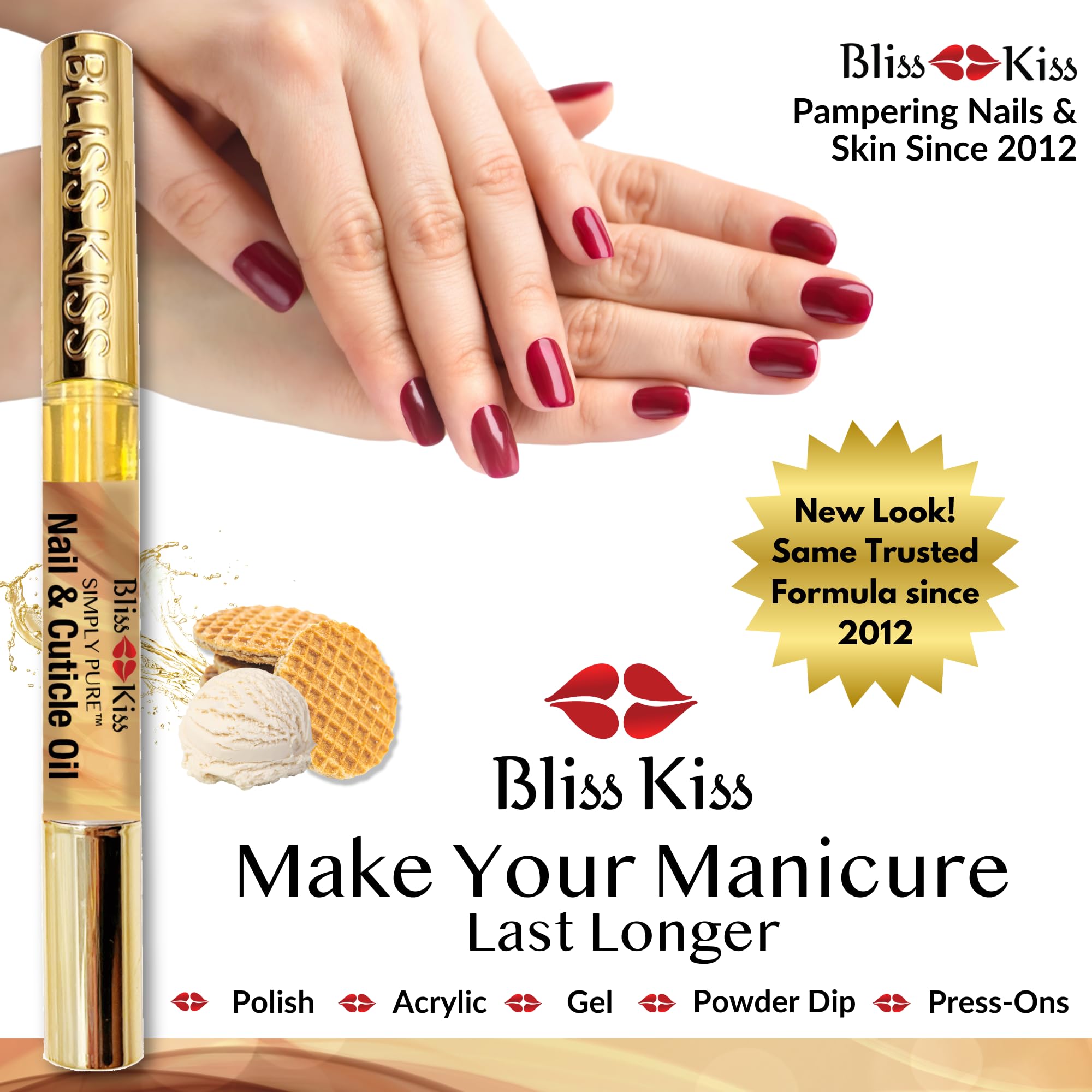 Bliss Kiss vanilla cuticle oil pen on nails during application.