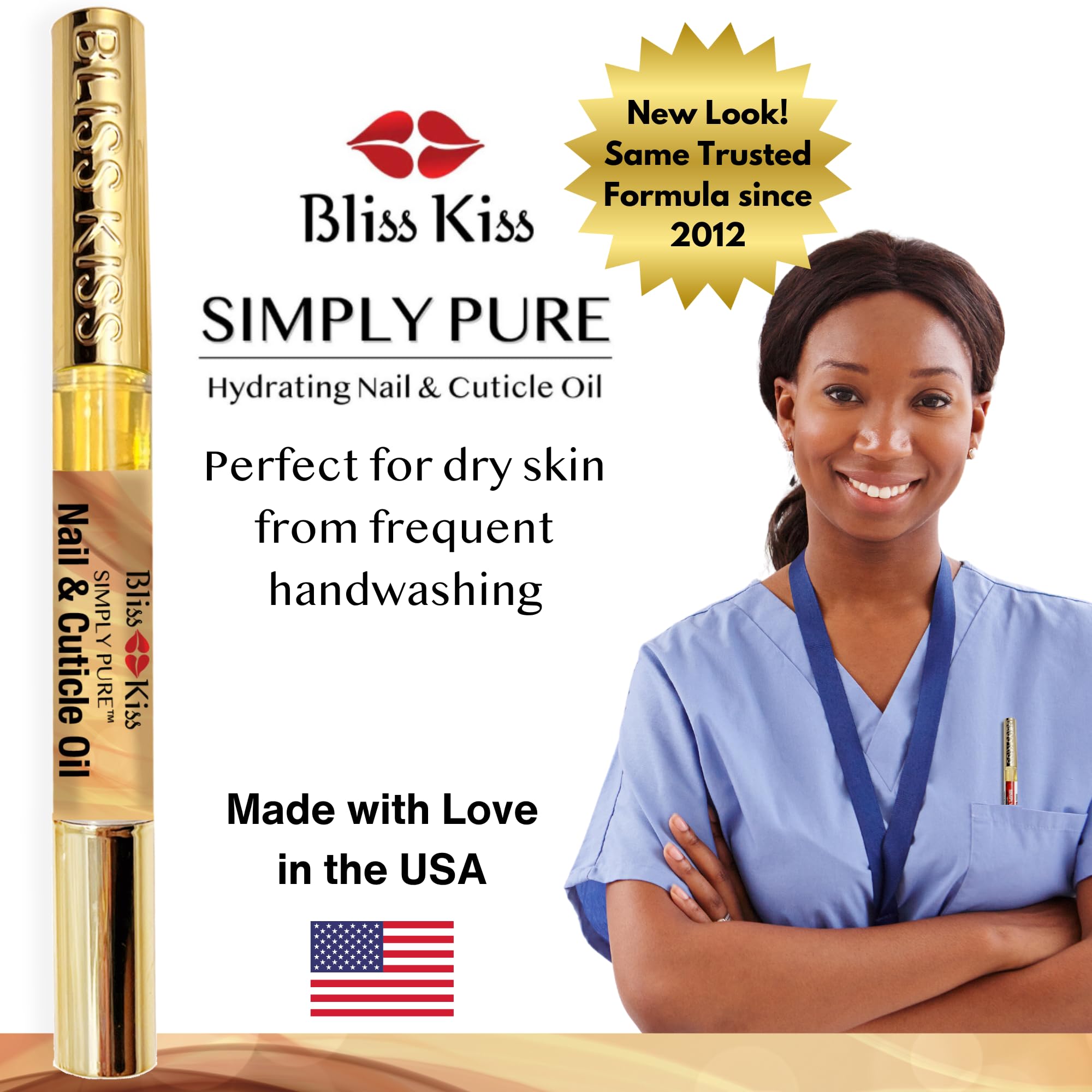 Bliss Kiss vanilla fragrance nail oil pen label with ingredients list.