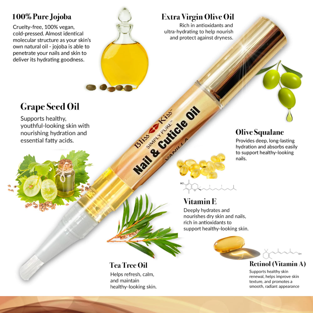 Bliss Kiss vanilla nail oil pen dispensing tip for precise application.