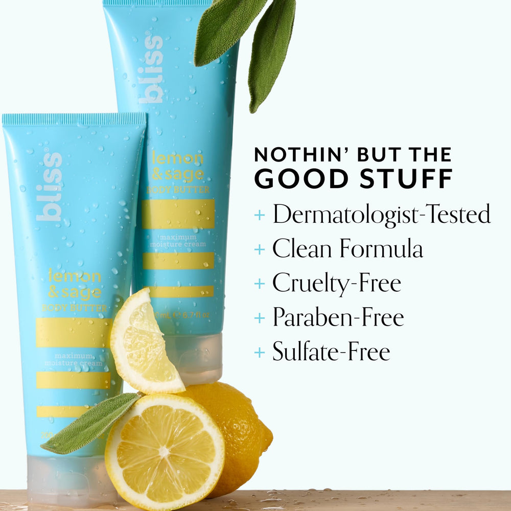 Bliss Lemon and Sage Body Butter applied on forearm demonstrates smooth, non-greasy finish.