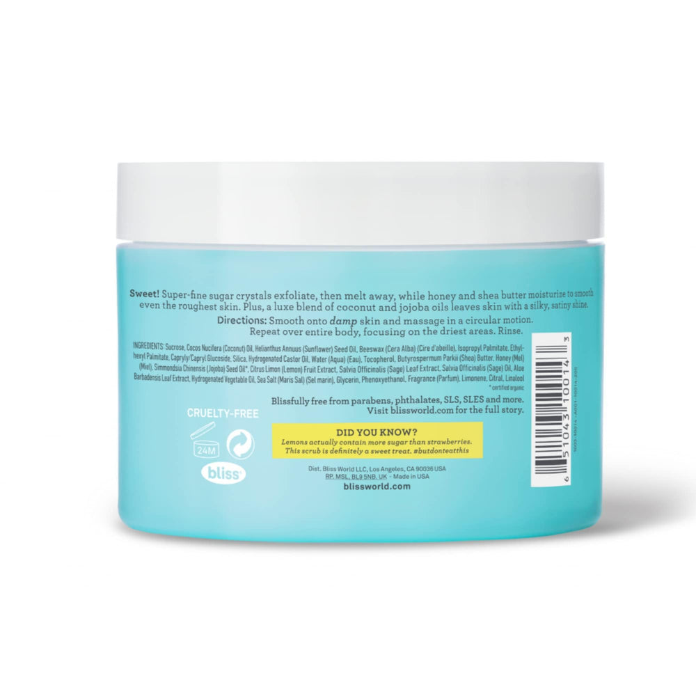 Bliss Lemon and Sage Satin Skin Body Polish texture close-up highlights micro-exfoliation.