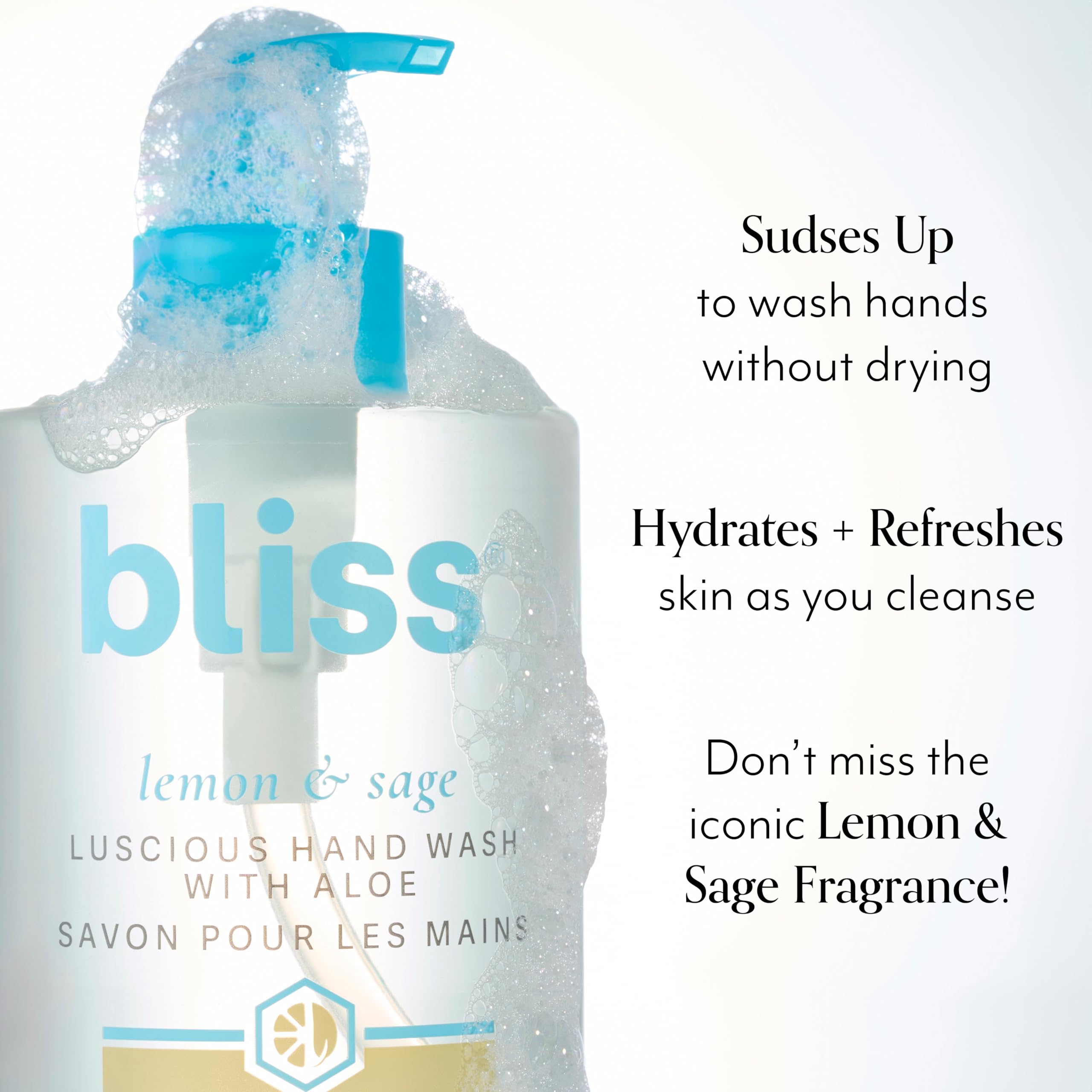 Bliss Lemon & Sage foamy lather close-up highlighting creamy cleansing texture.