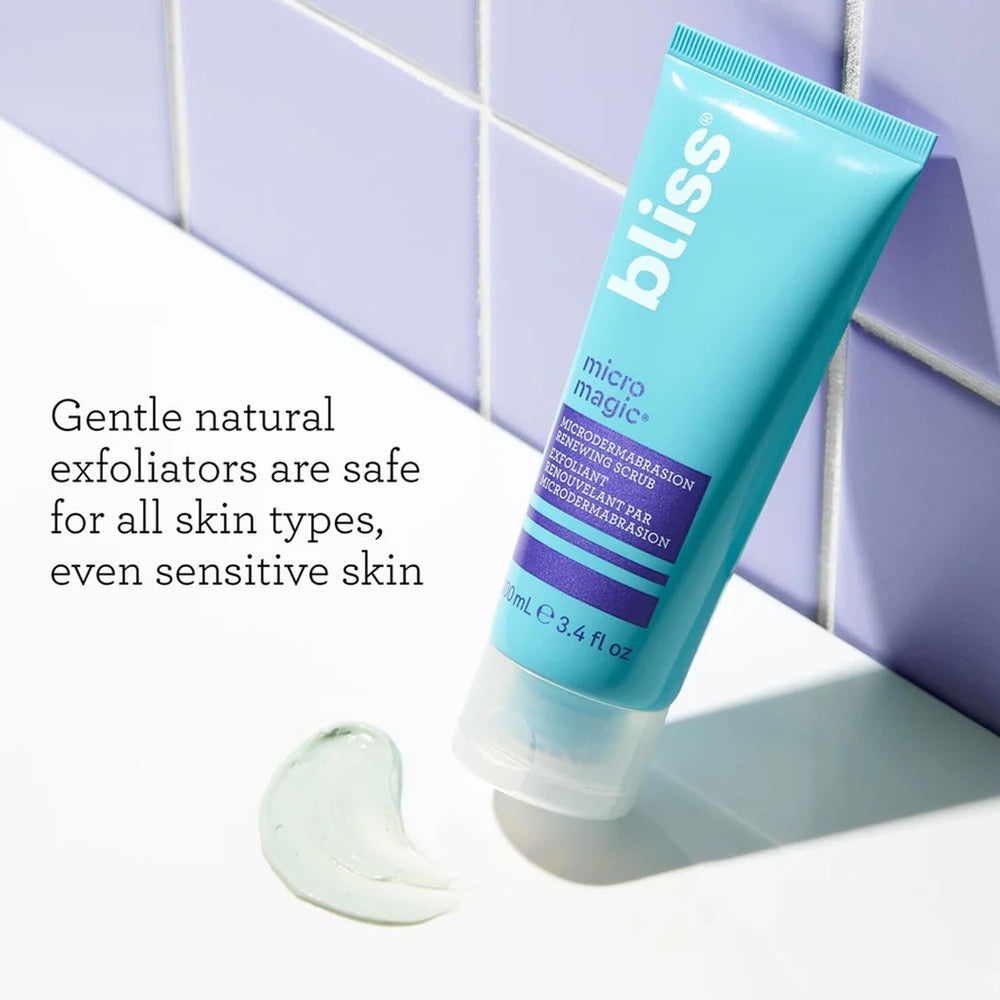 Bliss Micro Magic Scrub application-routine image illustrates step-by-step exfoliation for a glow