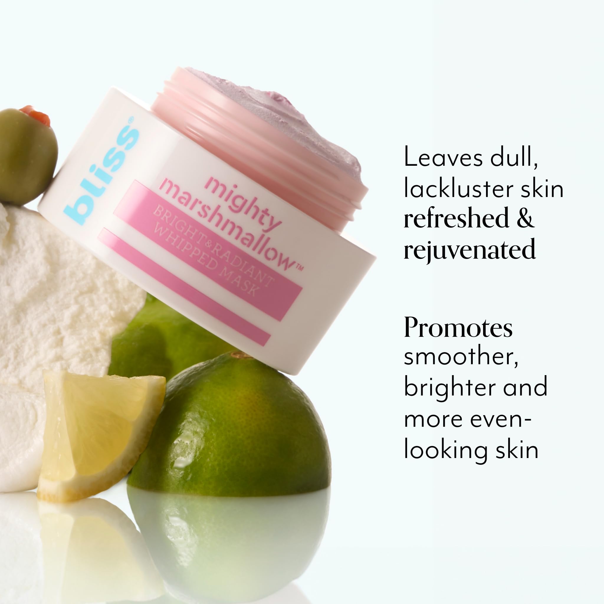 Bliss Mighty Marshmallow Mask pink whipped texture highlights hydration and brightness.