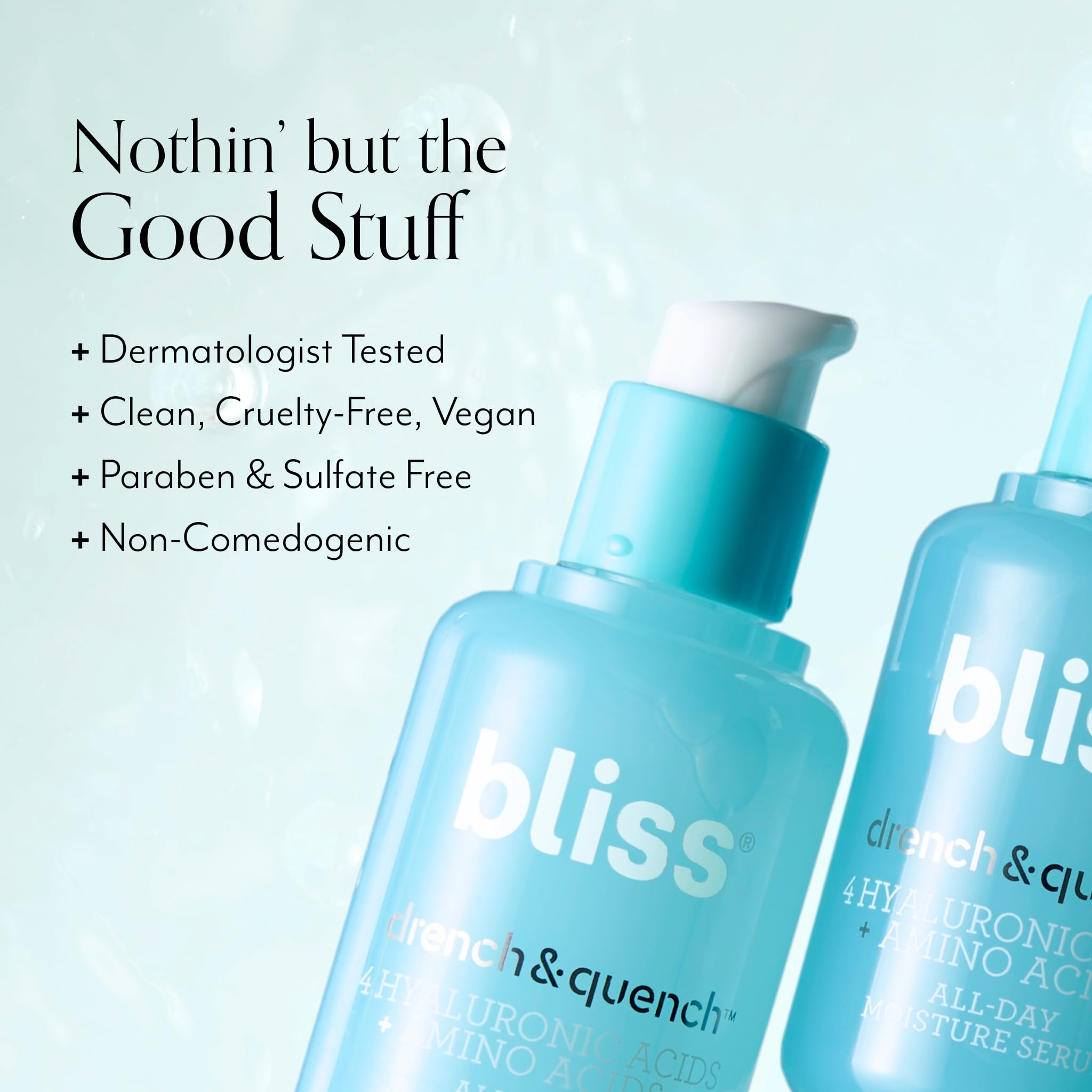 Bliss Hyaluronic Acid Drench & Quench shown for morning and night use.