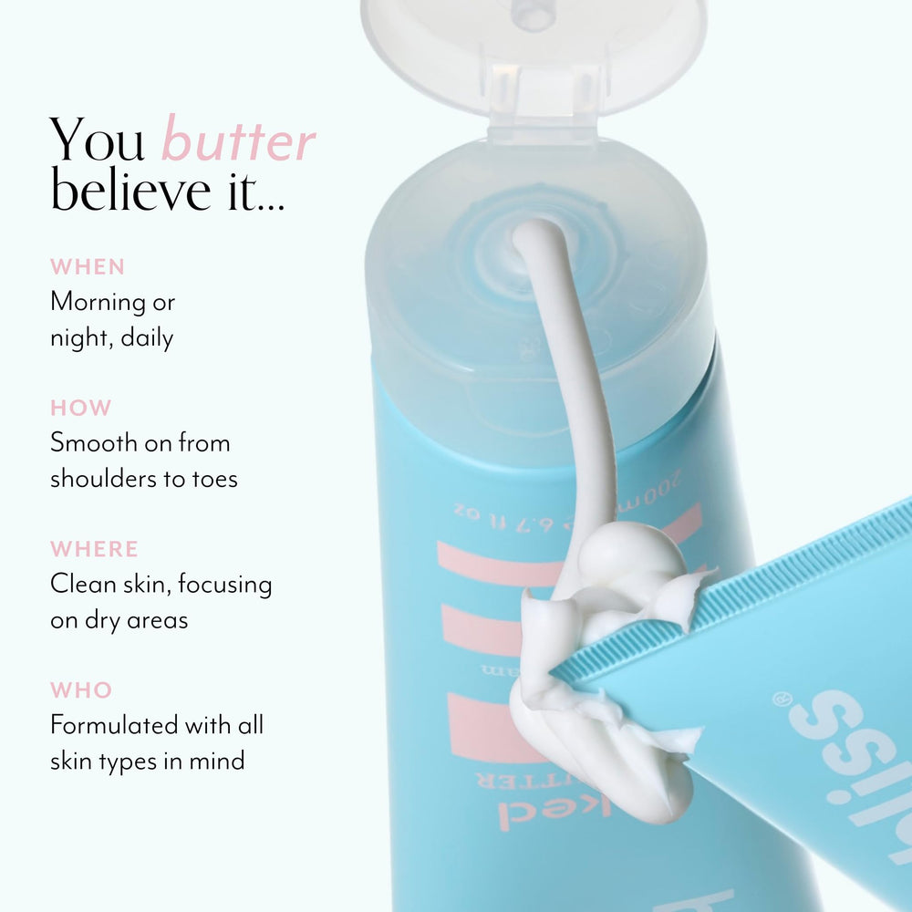 Bliss Naked Body Butter fragrance-free formula supports sensitive skin routines.