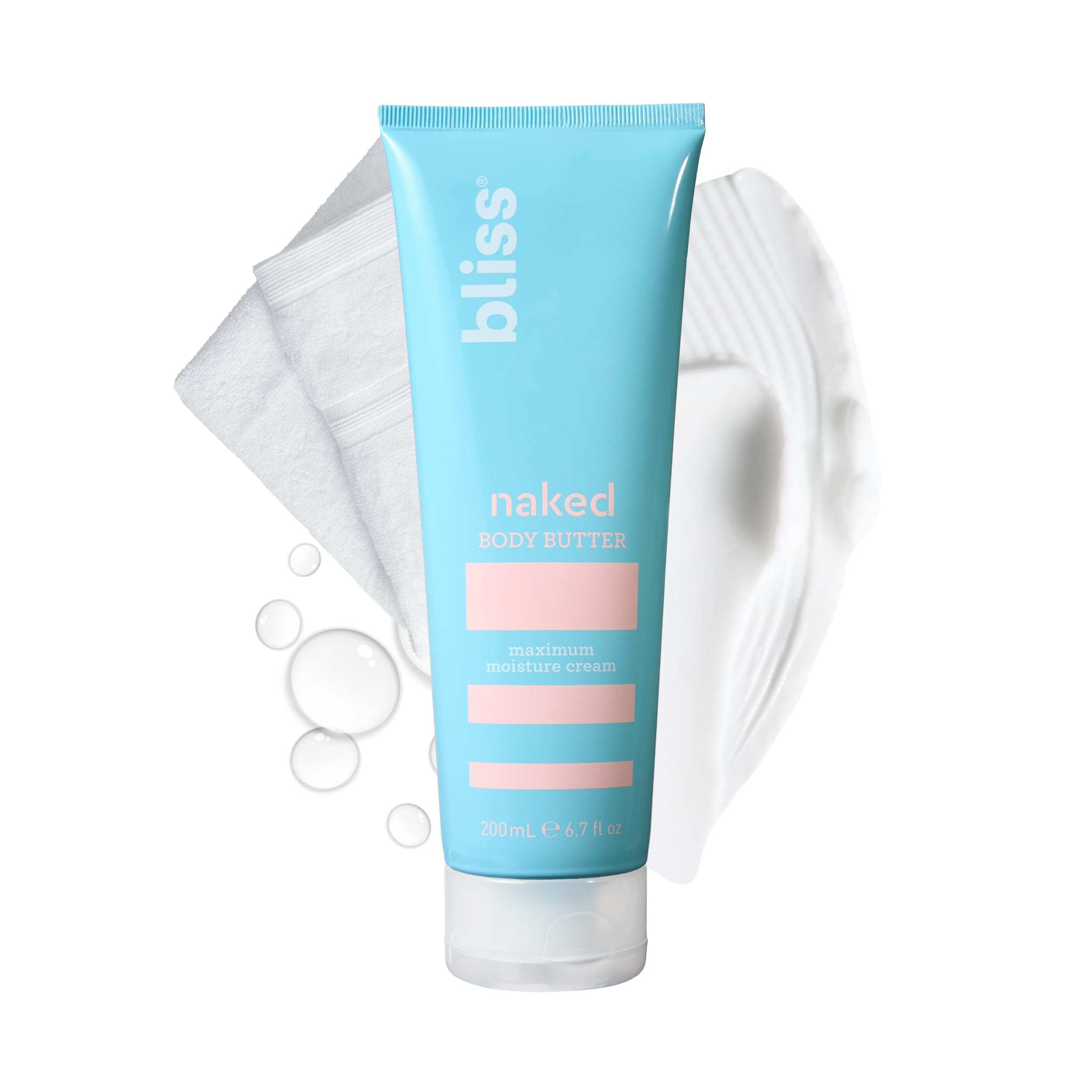 Bliss Naked Body Butter unscented jar demonstrates fragrance-free hydration for dry skin.
