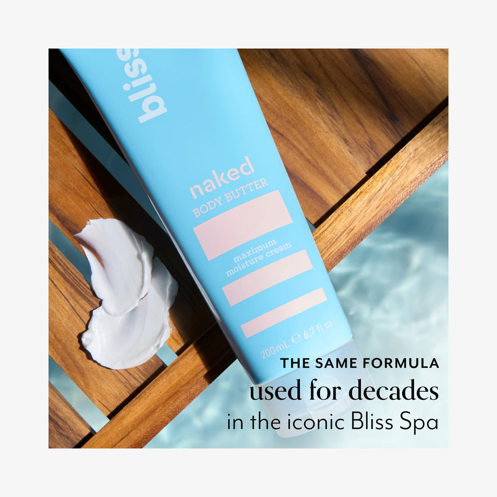 Bliss Naked Body Butter with vitamin E and shea butter provides rich hydration.
