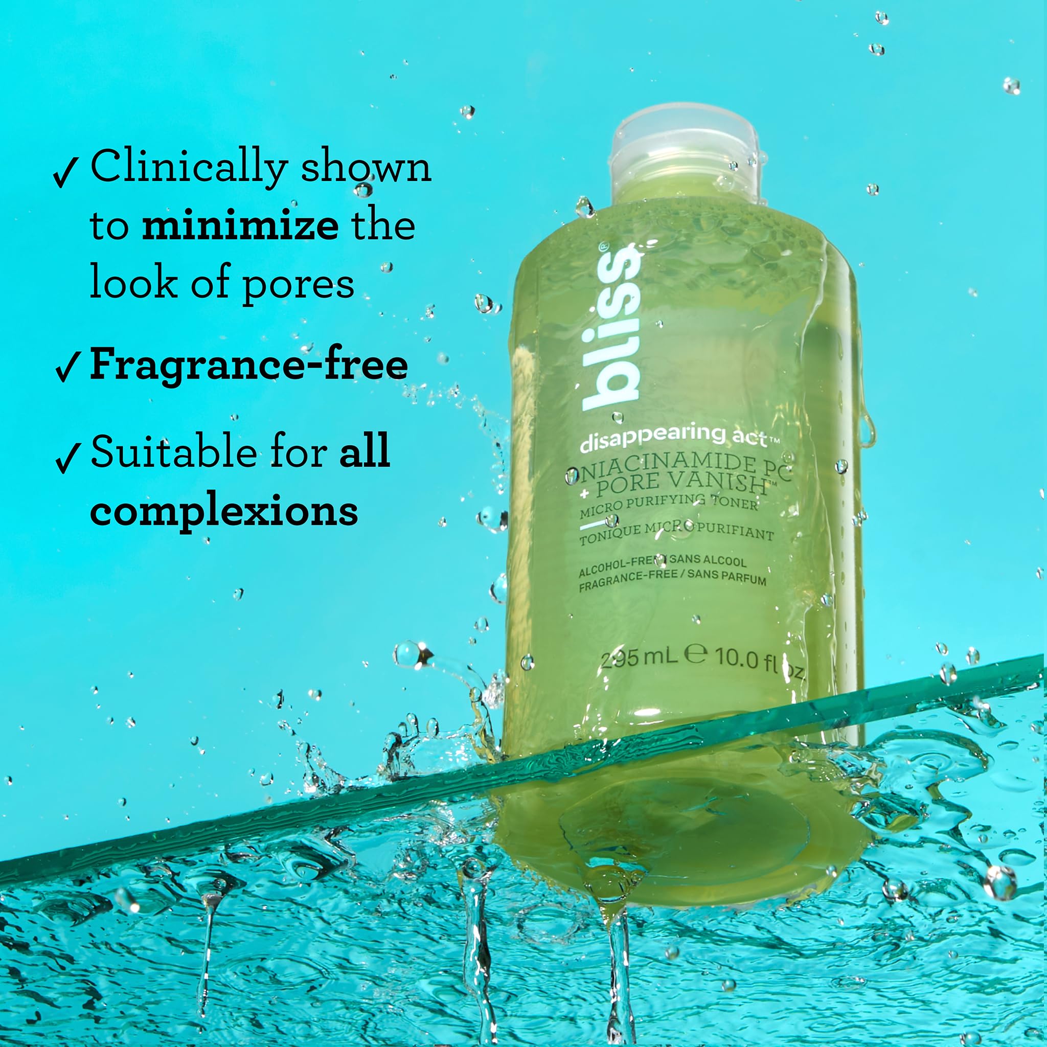 Bliss Niacinamide Toner closeup highlights the pore-vanish complex for purified pores.