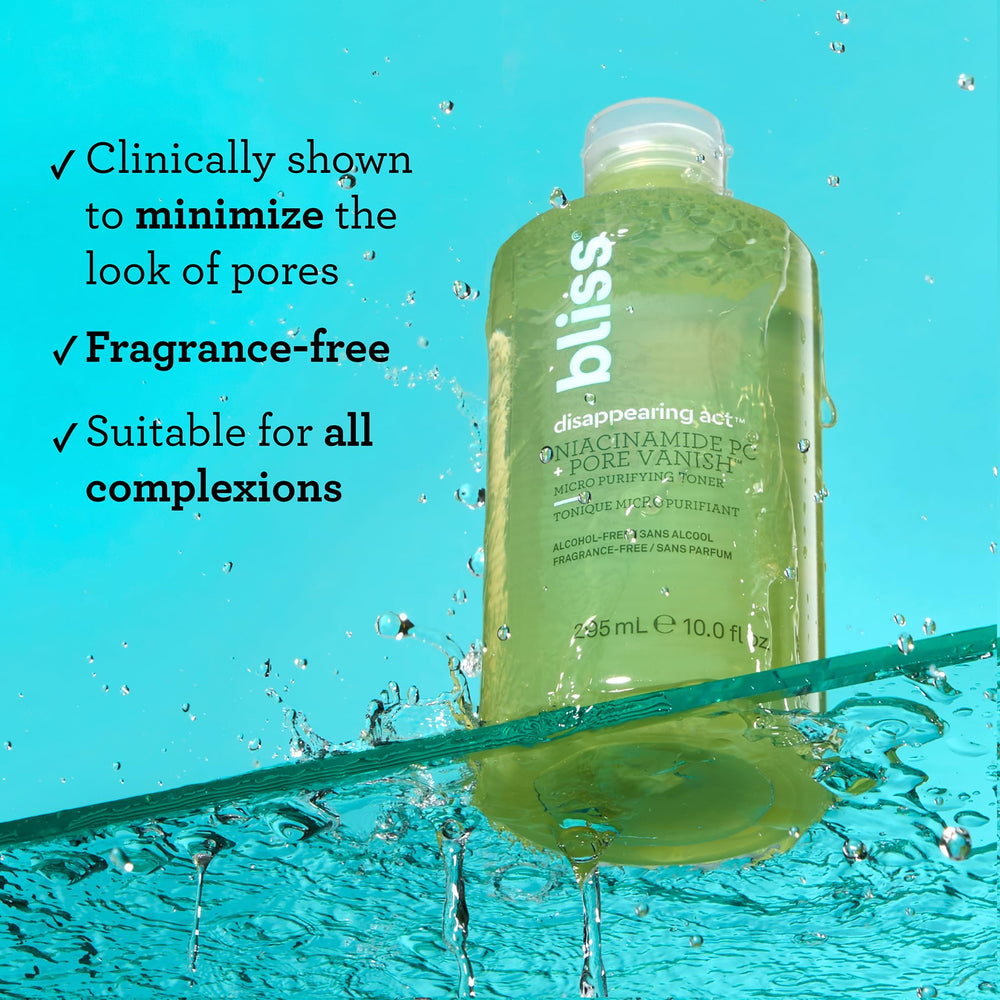 Bliss Niacinamide Toner closeup highlights the pore-vanish complex for purified pores.
