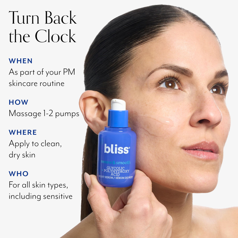 Bliss night routine steps graphic showing cleanse, apply, and moisturize