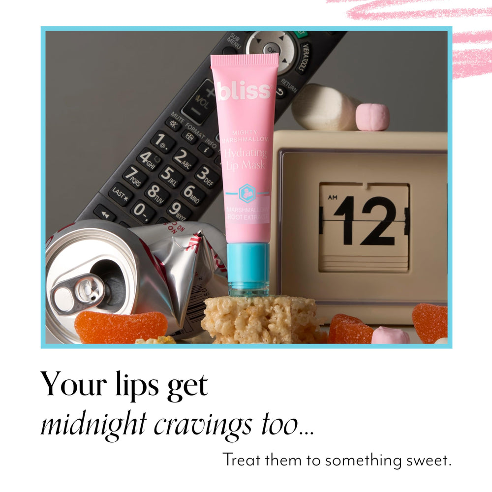 Bliss Mighty Marshmallow Lip Mask packaging close-up for premium presentation.