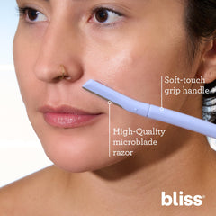 Bliss peach fuzz removal with eyebrow razor enables clean, defined brows.