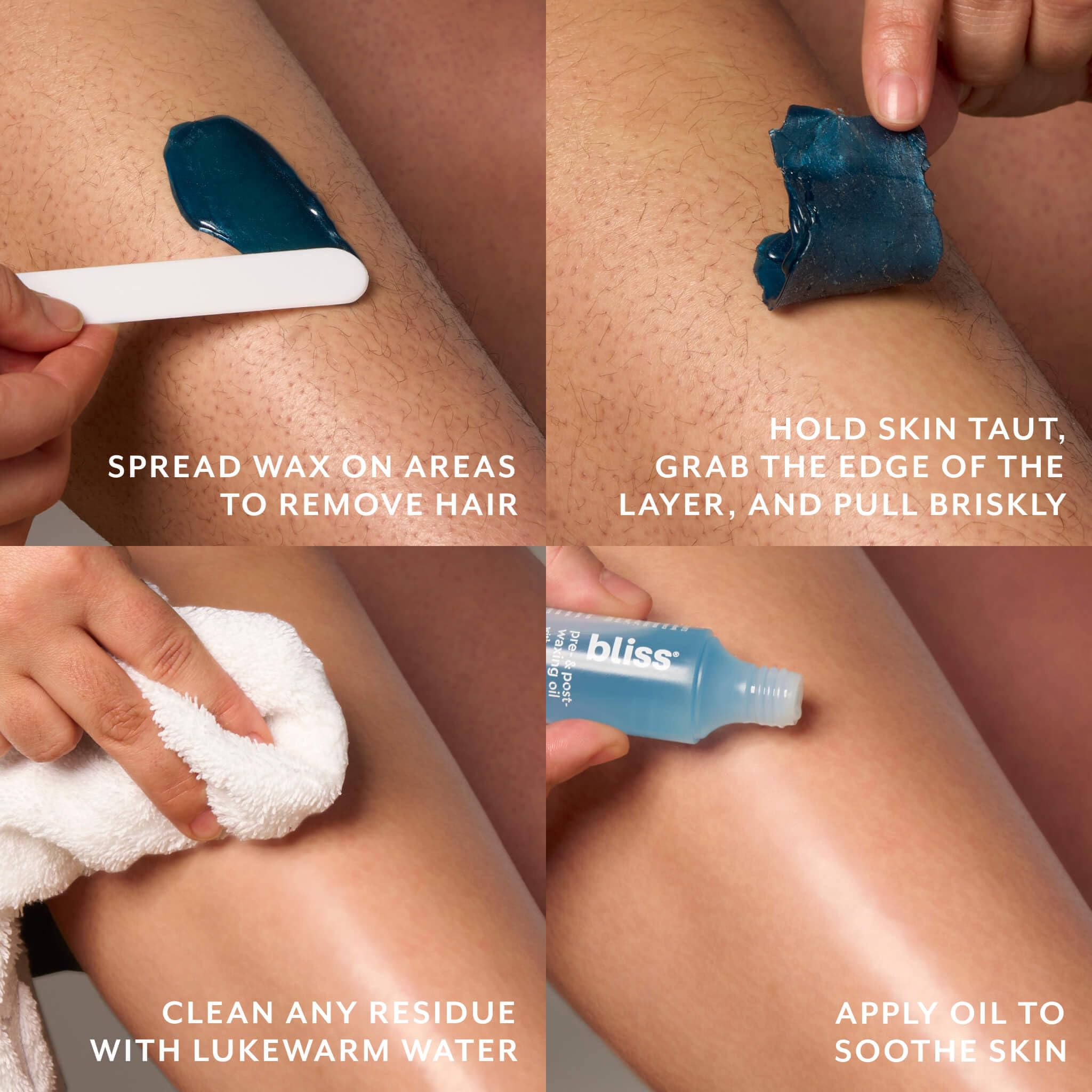 Bliss Poetic Waxing Kit no-strip application demonstrates stripless, clean removal.