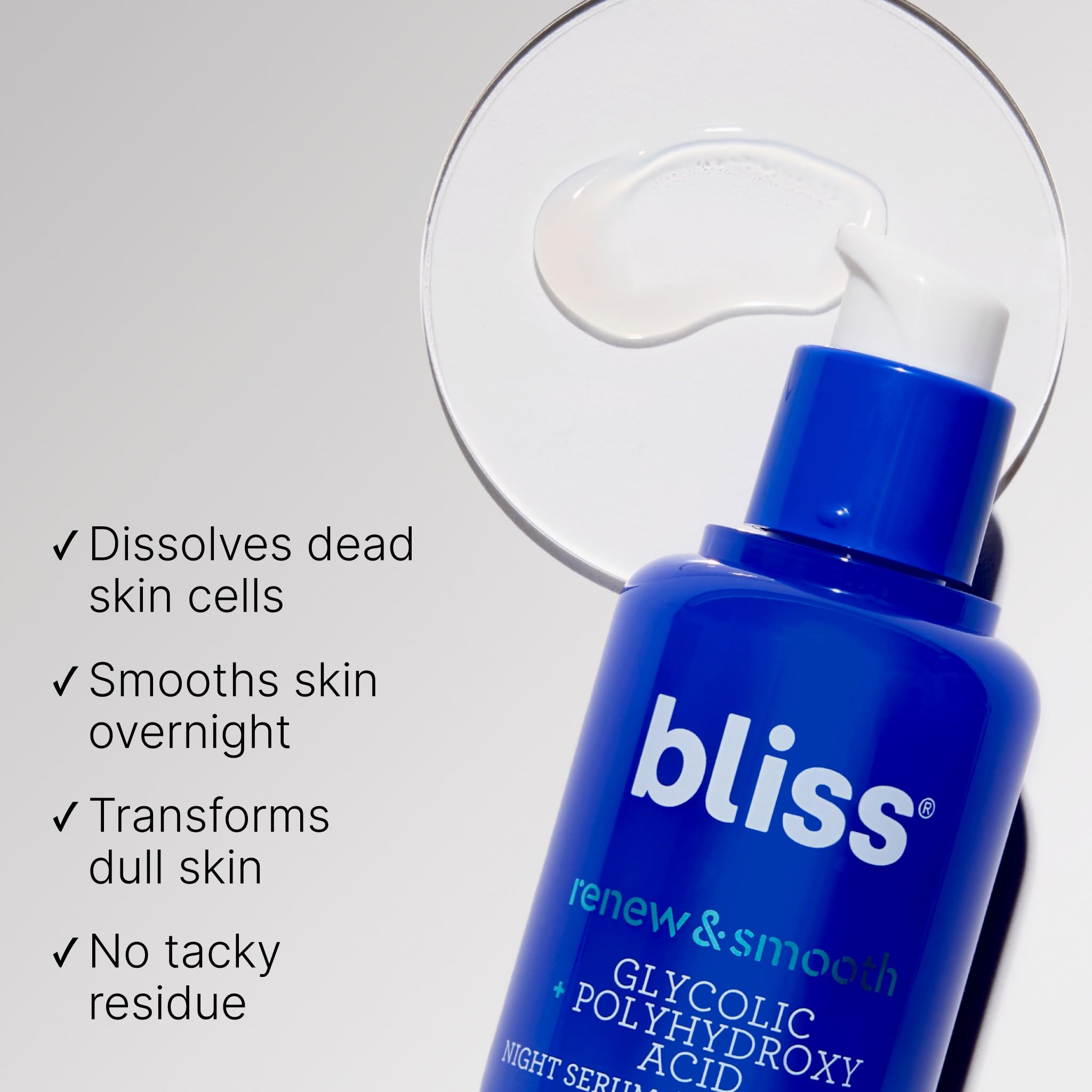 Bliss Renew & Smooth bottle cap close-up highlighting exfoliation properties